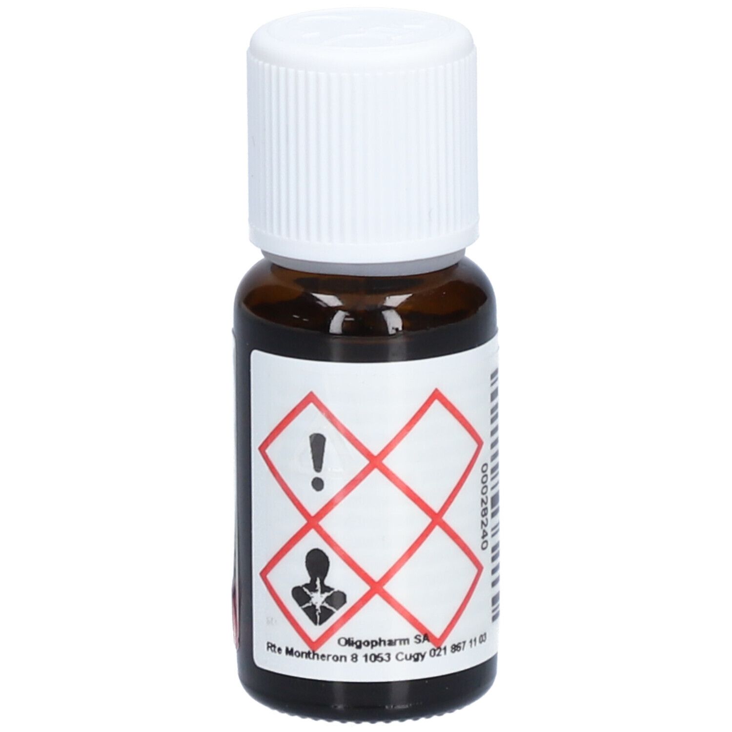 Braune Glasflasche mit weißem Deckel. Etikett mit Gefahrensymbolen. Oligopharm SA. 1063 Cugy.