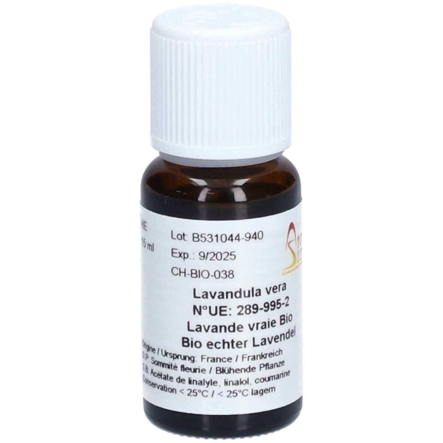 Braune Glasflasche mit weißem Deckel. Etikett mit Text: Lavandula vera, Bio echter Lavendel. 15 ml. Aromasan Logo.