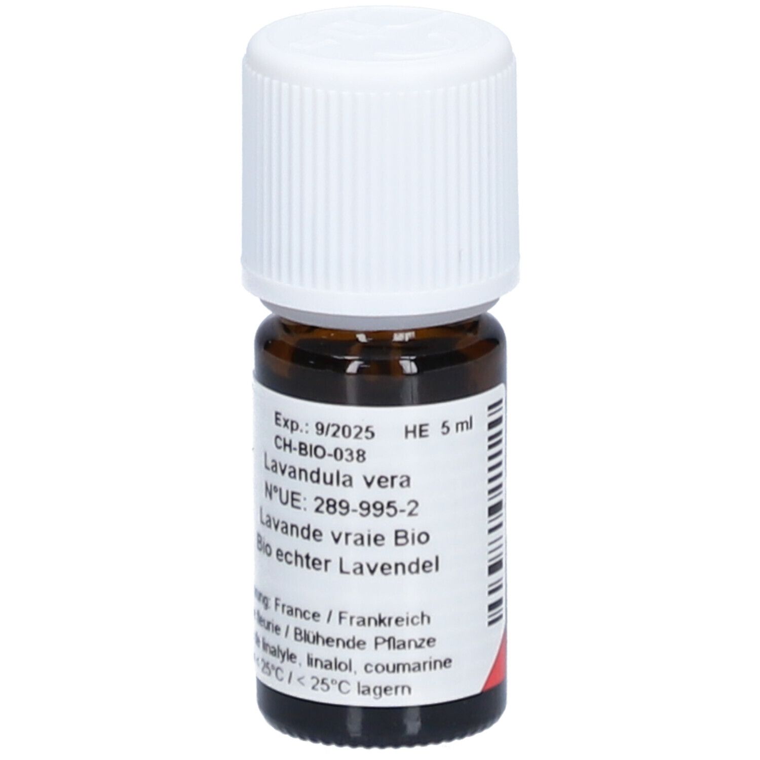 Braune Glasflasche mit weißem Deckel. Etikett mit Text: Lavandula vera, Bio echter Lavendel. Haltbarkeit bis 9/2025. 5 ml.