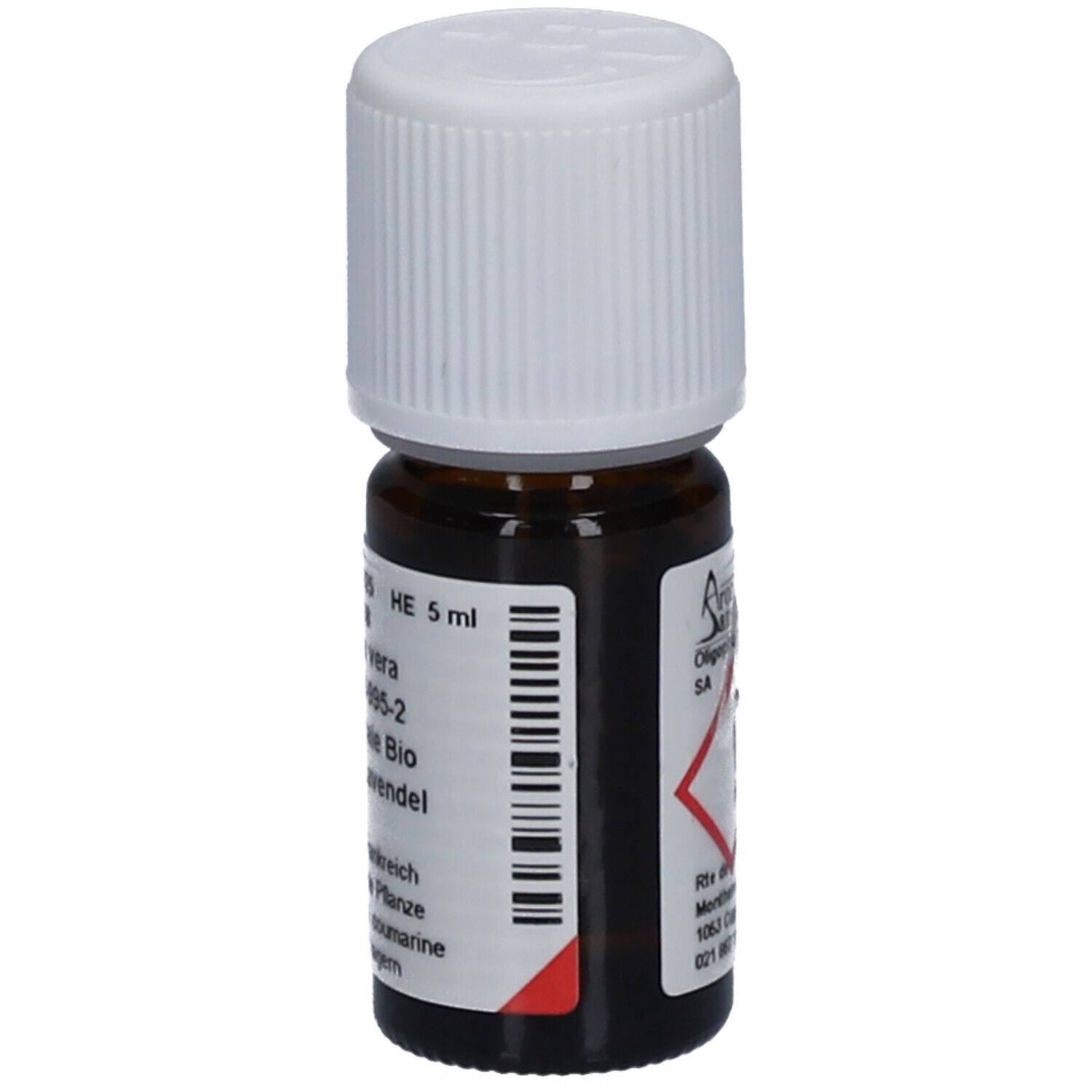 Braune Glasflasche mit weißem Deckel. Etikett mit Text und Barcode. 5 ml. Gefahrensymbol. Adresse: Oligopharma SA.