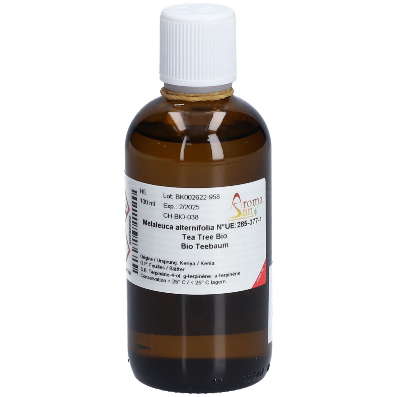 Braune Glasflasche mit weißem Deckel. Etikett mit Produktinformationen und Logo. Aufschrift: Aroma San, Tea Tree Bio.
