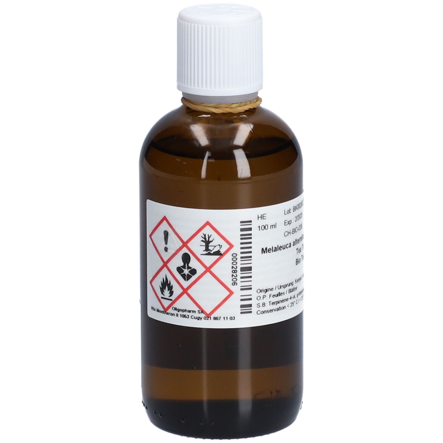 Braune Glasflasche mit weißem Deckel. Etikett mit Gefahrensymbolen. Aufschrift: Melaleuca alternifolia. Produktinformationen.