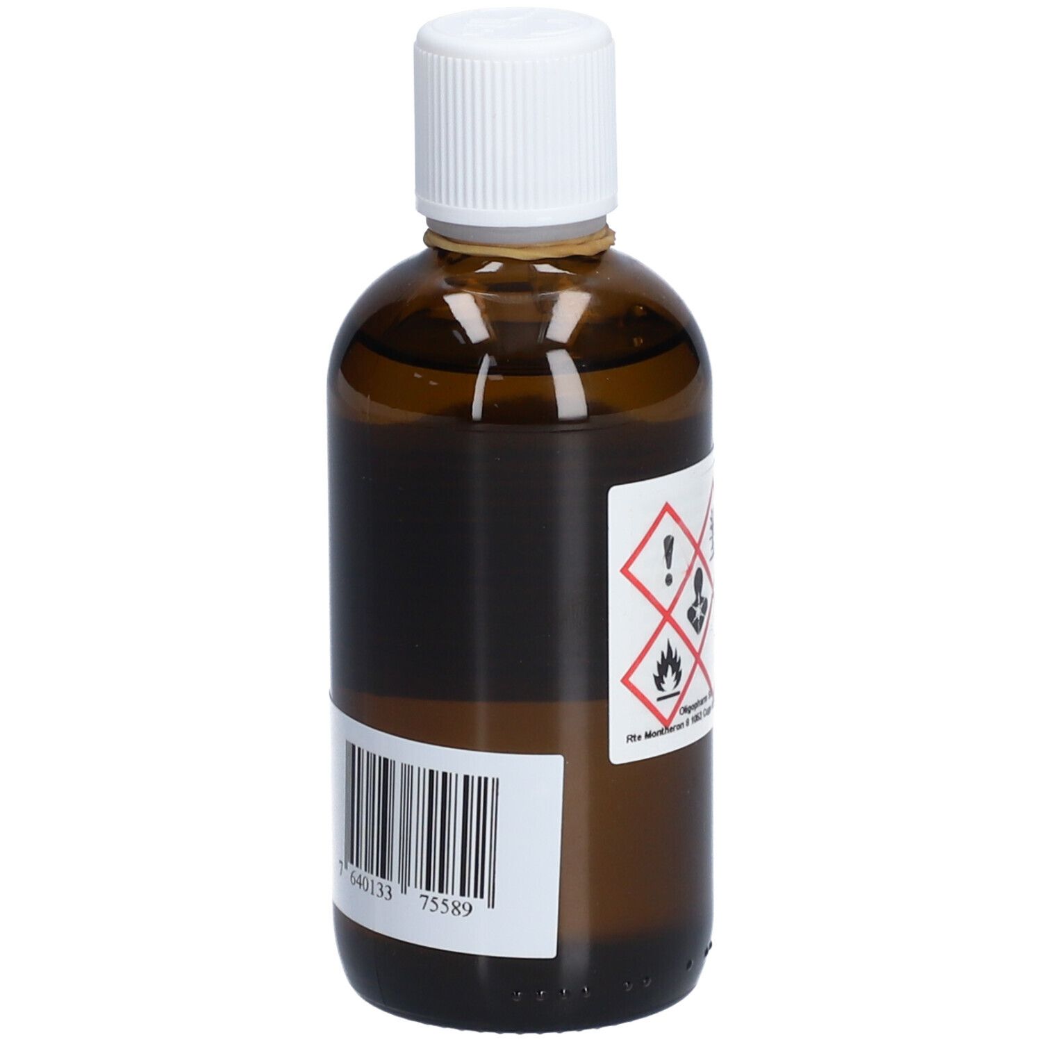 Braune Glasflasche mit weißem Deckel. Etikett mit Barcode und Produktinformationen. Rückansicht.