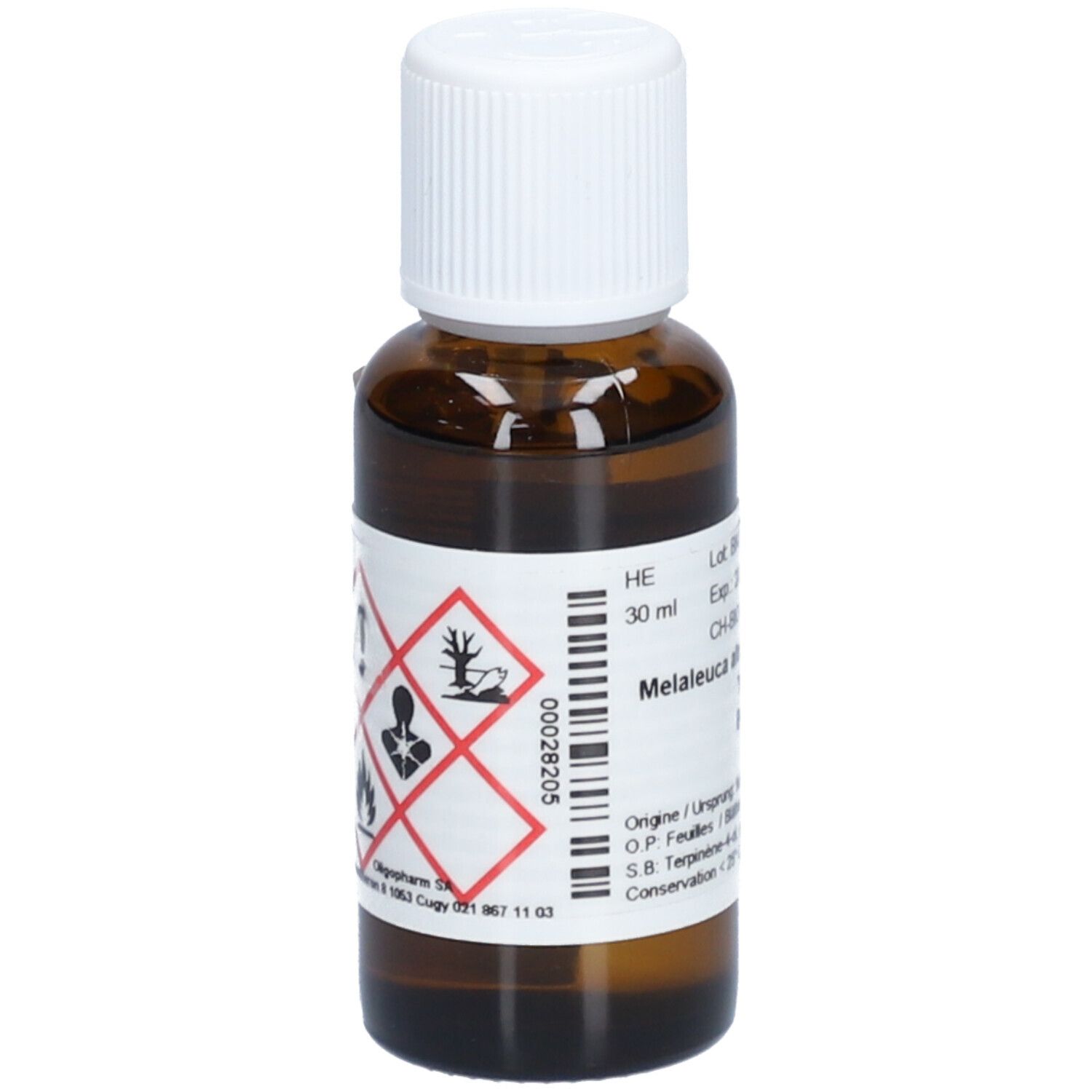 Braune Glasflasche mit weißem Deckel. Etikett mit Gefahrensymbolen. 30 ml.