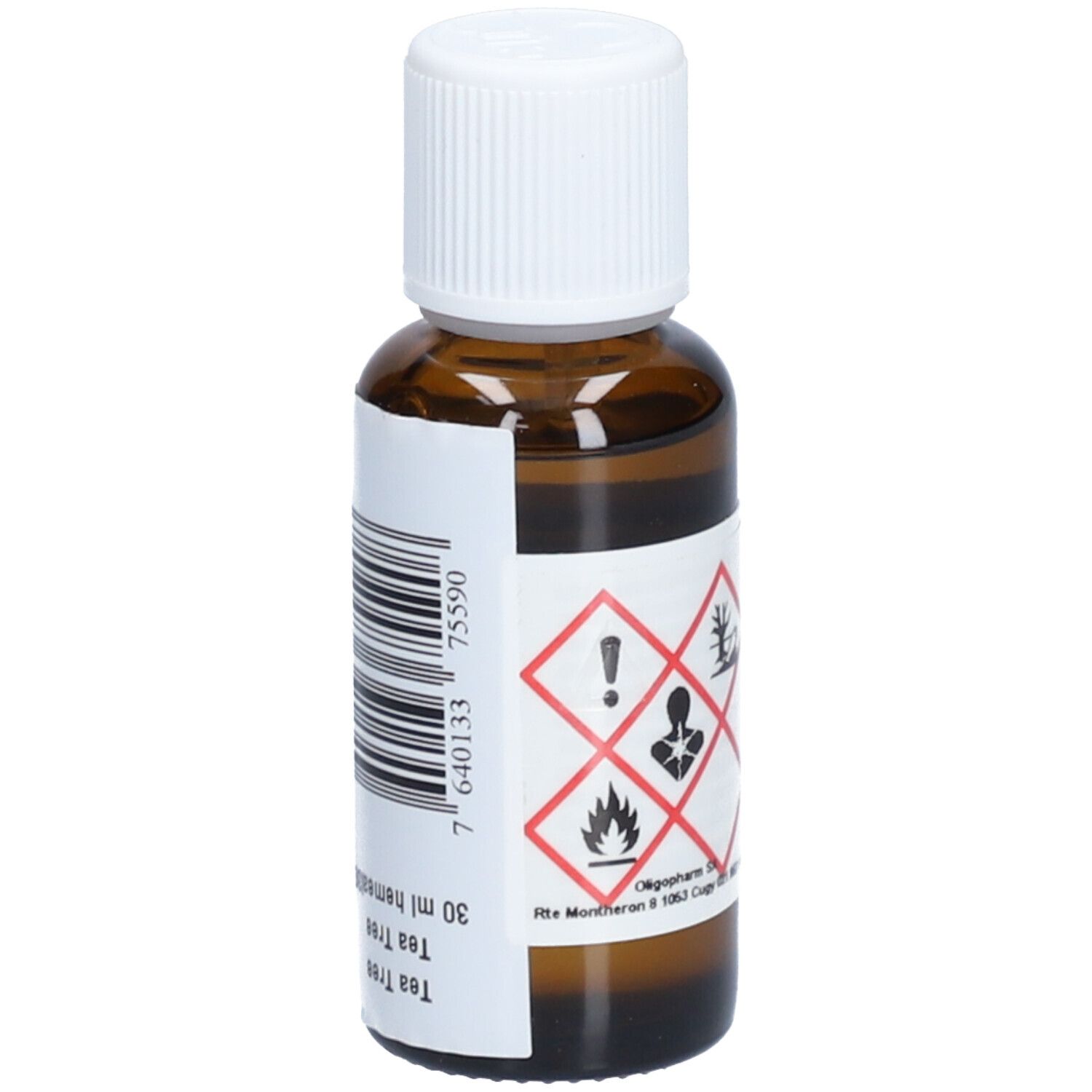 Braune Glasflasche mit weißem Deckel. Etikett mit Barcode und Gefahrensymbolen. 30 ml.