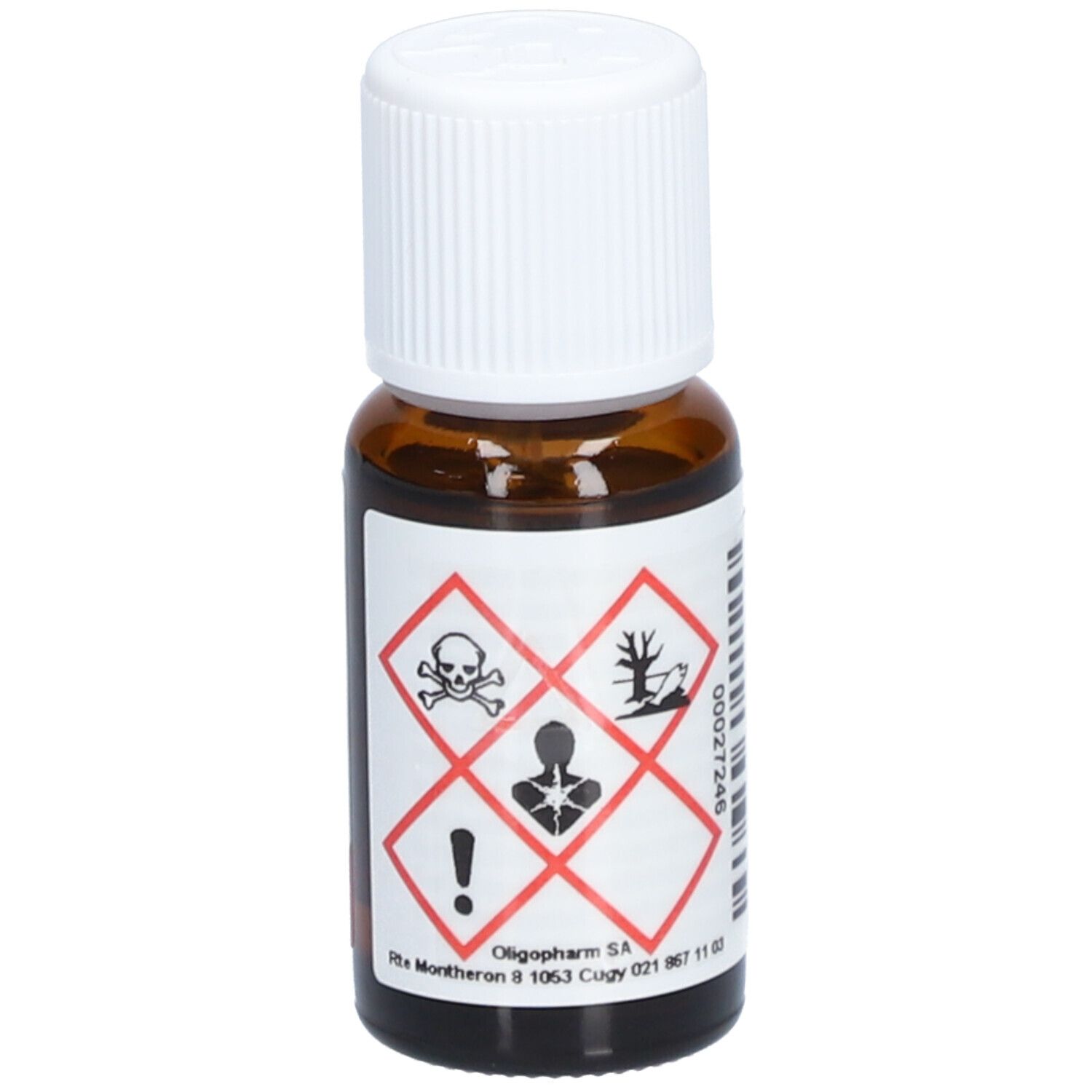 Braune Glasflasche mit weißem Deckel. Etikett mit Gefahrensymbolen: Totenkopf, Ausrufezeichen, Baum/Umwelt, Person/Gesundheit.