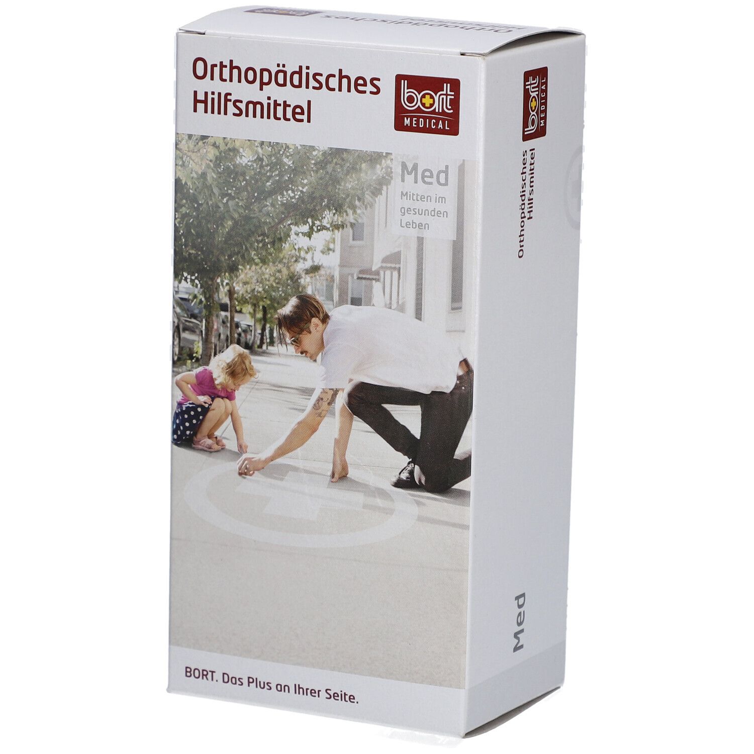 Emballage "Orthopädisches Hilfsmittel". Logo BORT MEDICAL. Image d'un homme et d'un enfant dans la rue.