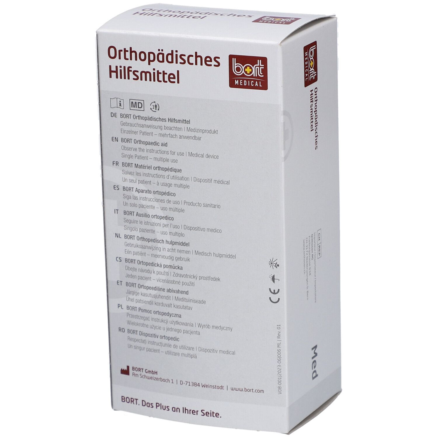 Emballage "Orthopädisches Hilfsmittel". Logo BORT MEDICAL. Texte multilingue. Marque CE.