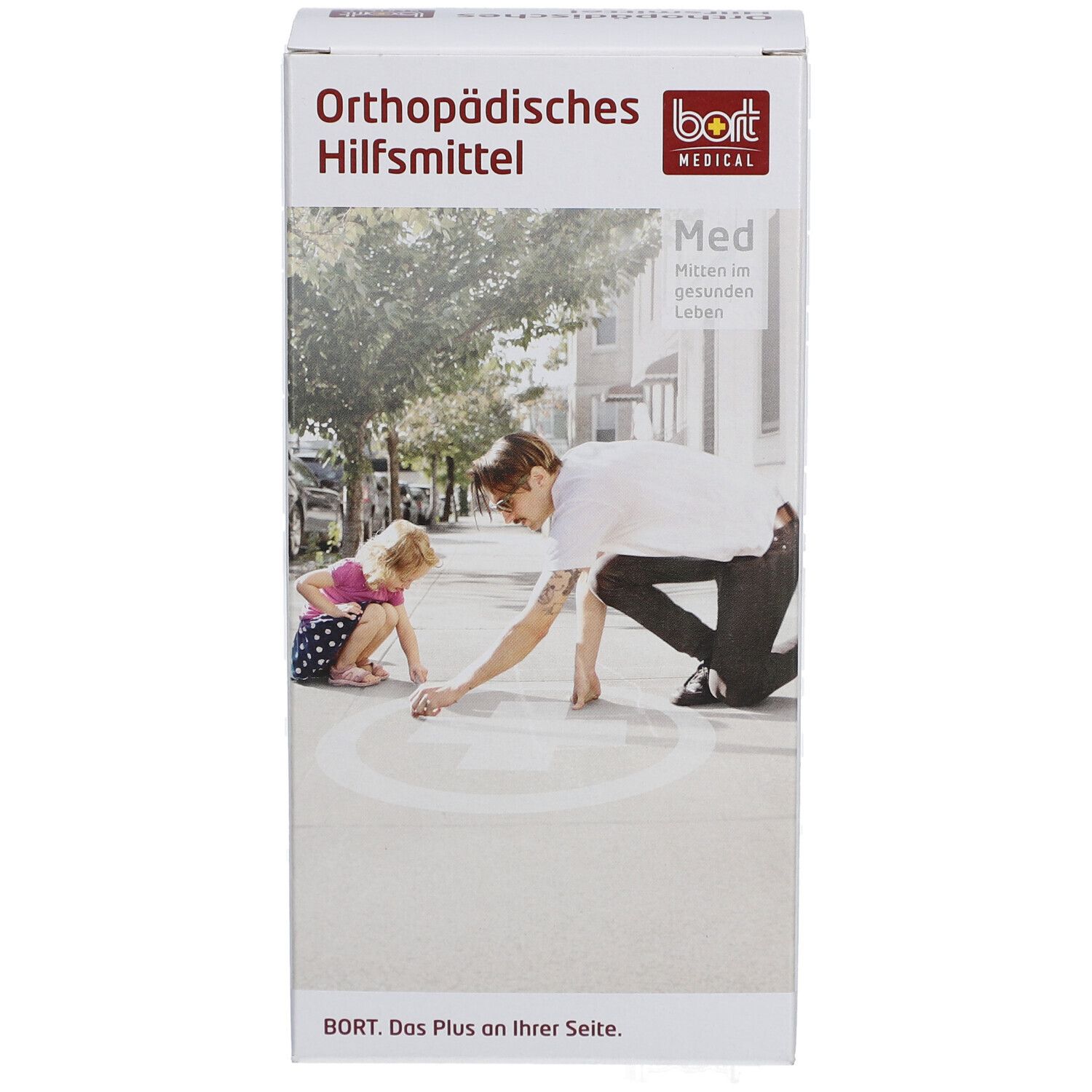 Emballage "Orthopädisches Hilfsmittel". Logo BORT MEDICAL. Image d'un homme et d'un enfant dans la rue.