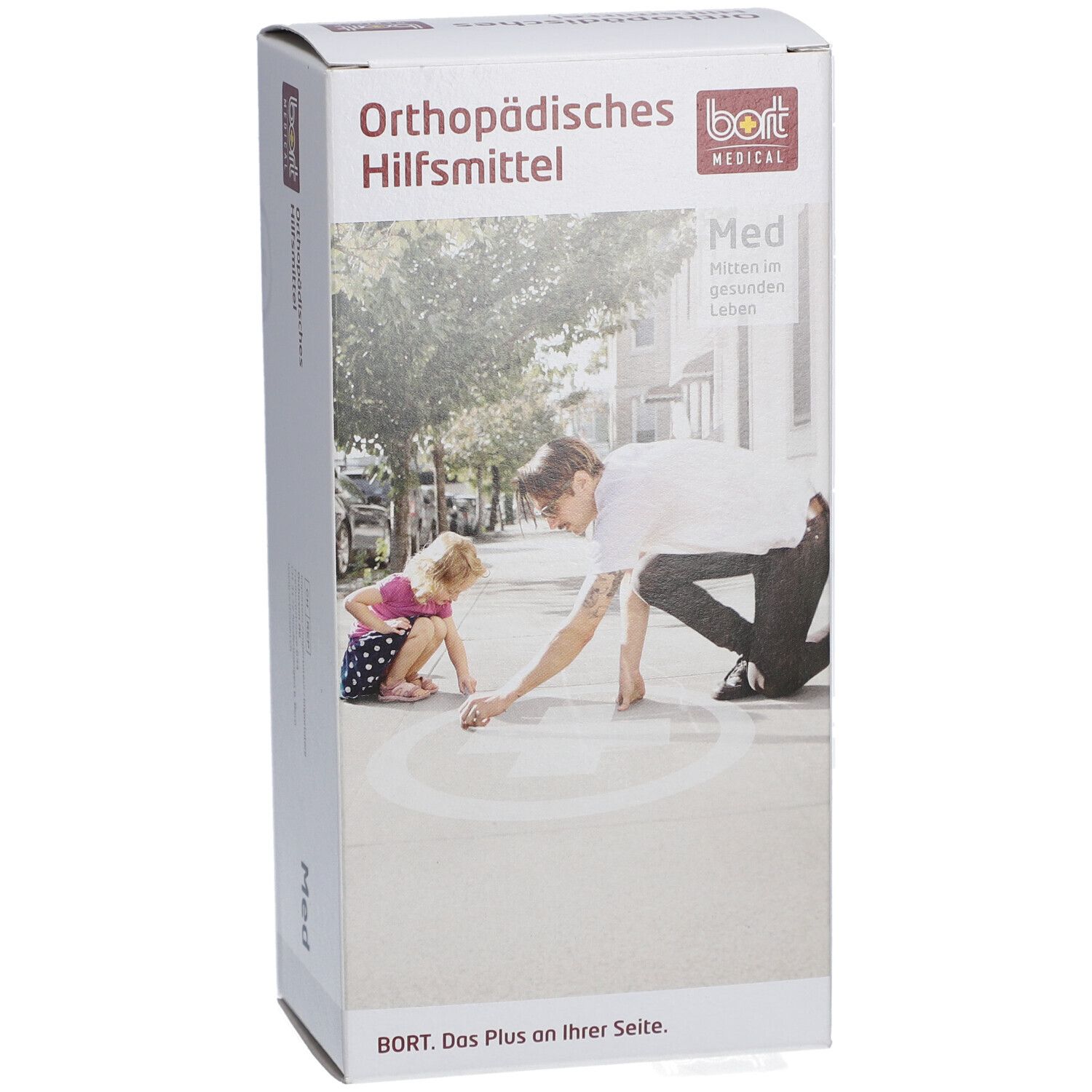 Emballage "Orthopädisches Hilfsmittel". Logo BORT MEDICAL. Image d'un homme et d'un enfant dans la rue.