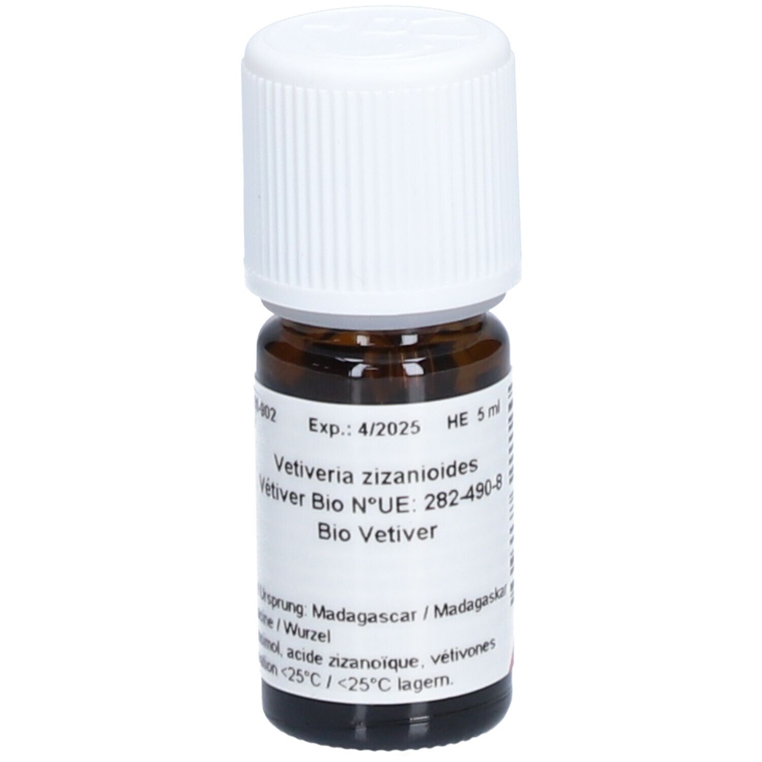Braune Glasflasche mit weißem Deckel. Etikett mit Produktinformationen. Aufschrift: Vetiveria zizanioides, Bio Vetiver.
