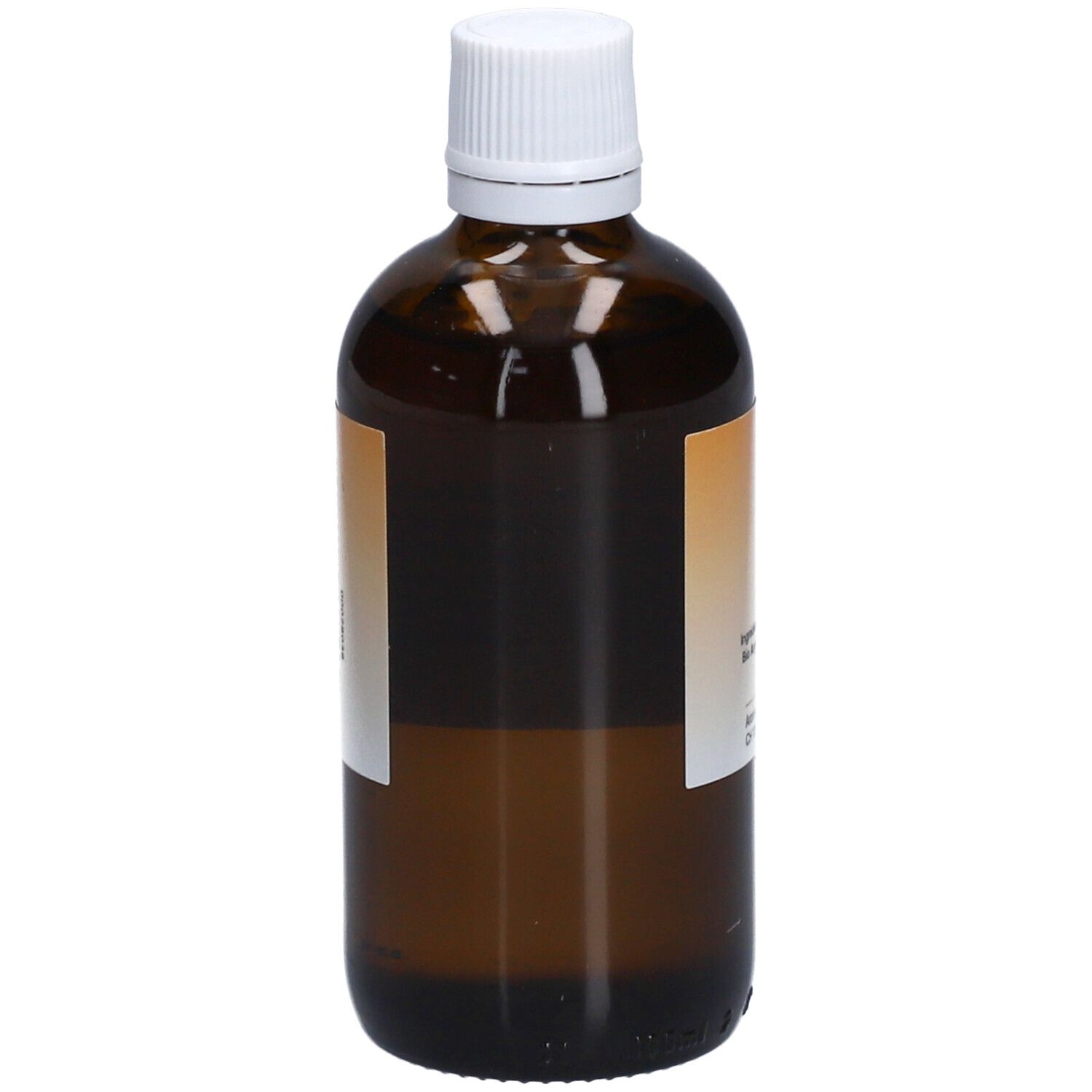 Braune Glasflasche mit weißem Deckel. Etikett mit Produktinformationen. Teilweise verdeckt.