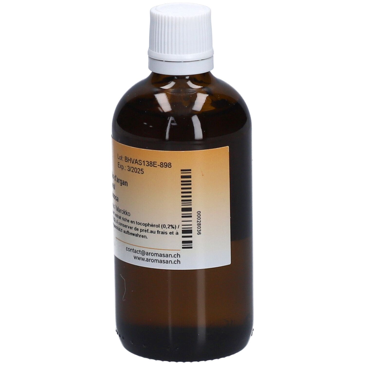 Braune Glasflasche mit weißem Deckel. Etikett mit Produktinformationen. Barcode und Chargennummer.
