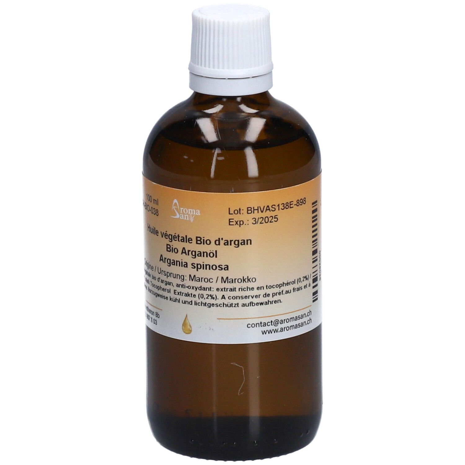Braune Glasflasche mit weißem Deckel. Etikett mit Produktinformationen. Aufschrift: Huile végétale Bio d'argan.