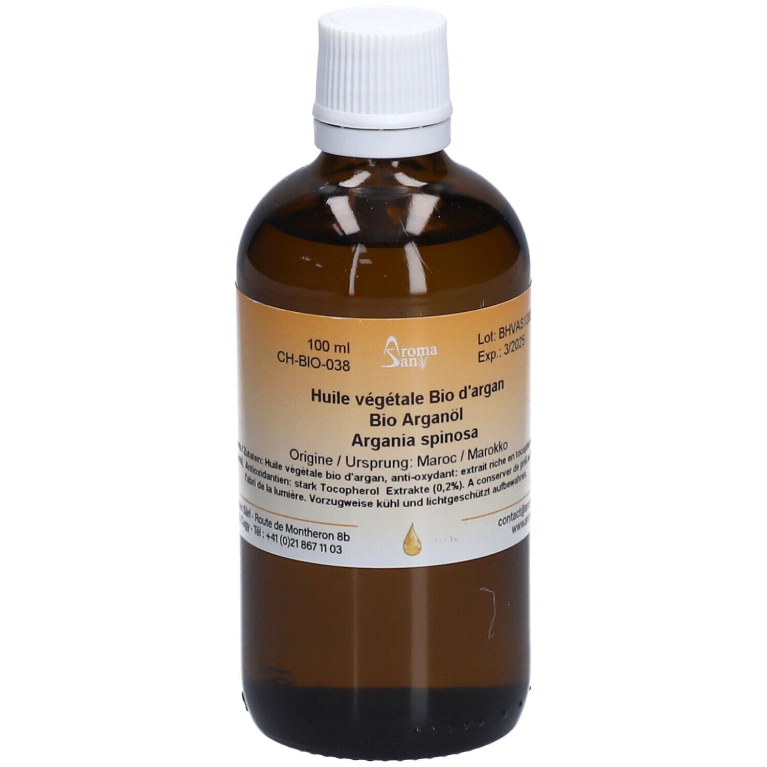 Braune Glasflasche mit weißem Deckel. Etikett mit Produktinformationen. Aufschrift: Huile végétale Bio d'argan.