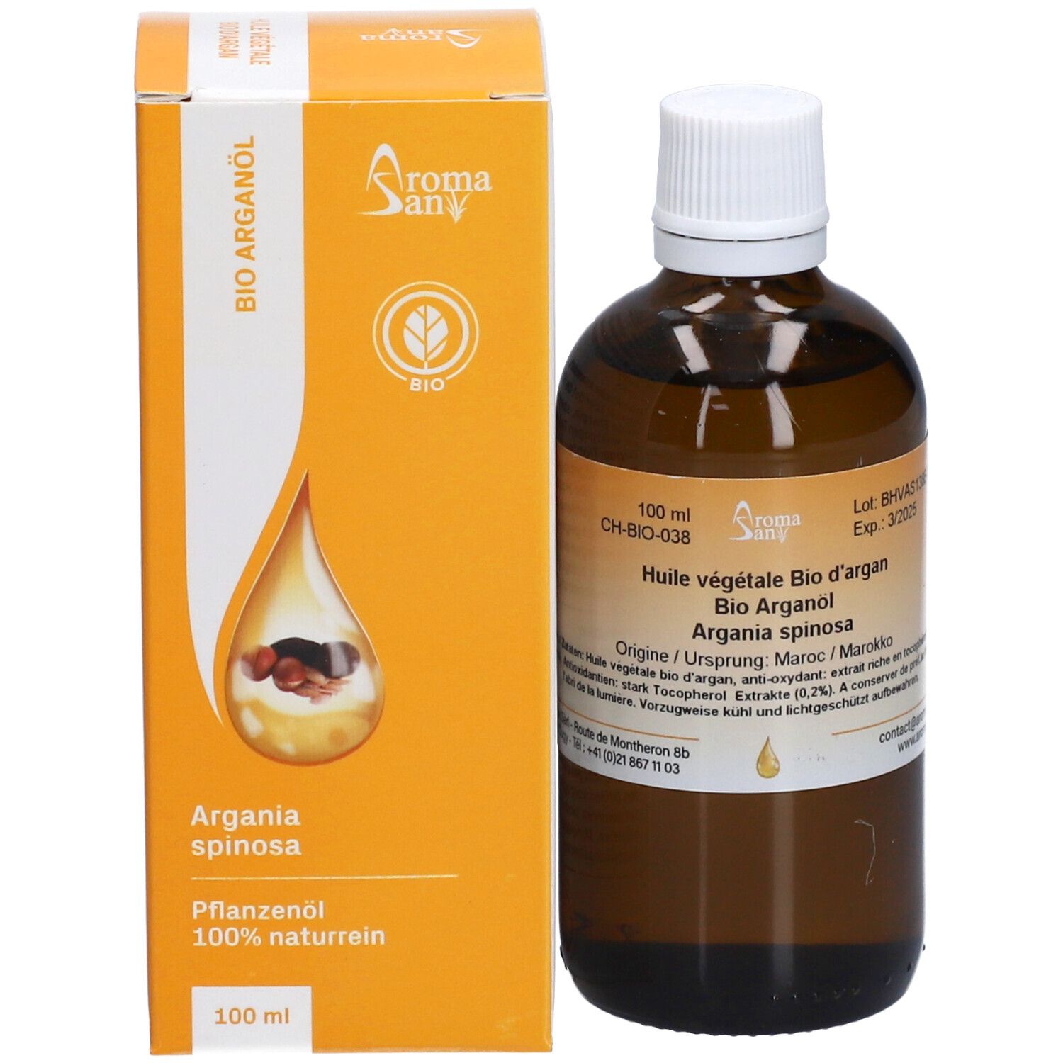 Braune Glasflasche mit weißem Deckel und Kartonverpackung. Aufschrift: Bio Arganöl. Tropfensymbol.