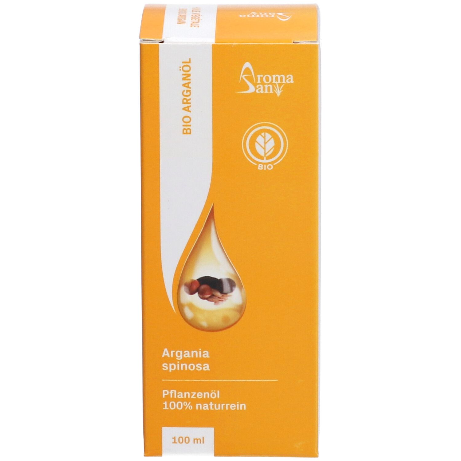 Kartonverpackung mit Produktinformationen. Aufschrift: Bio Arganöl. Tropfensymbol mit Argan-Samen.