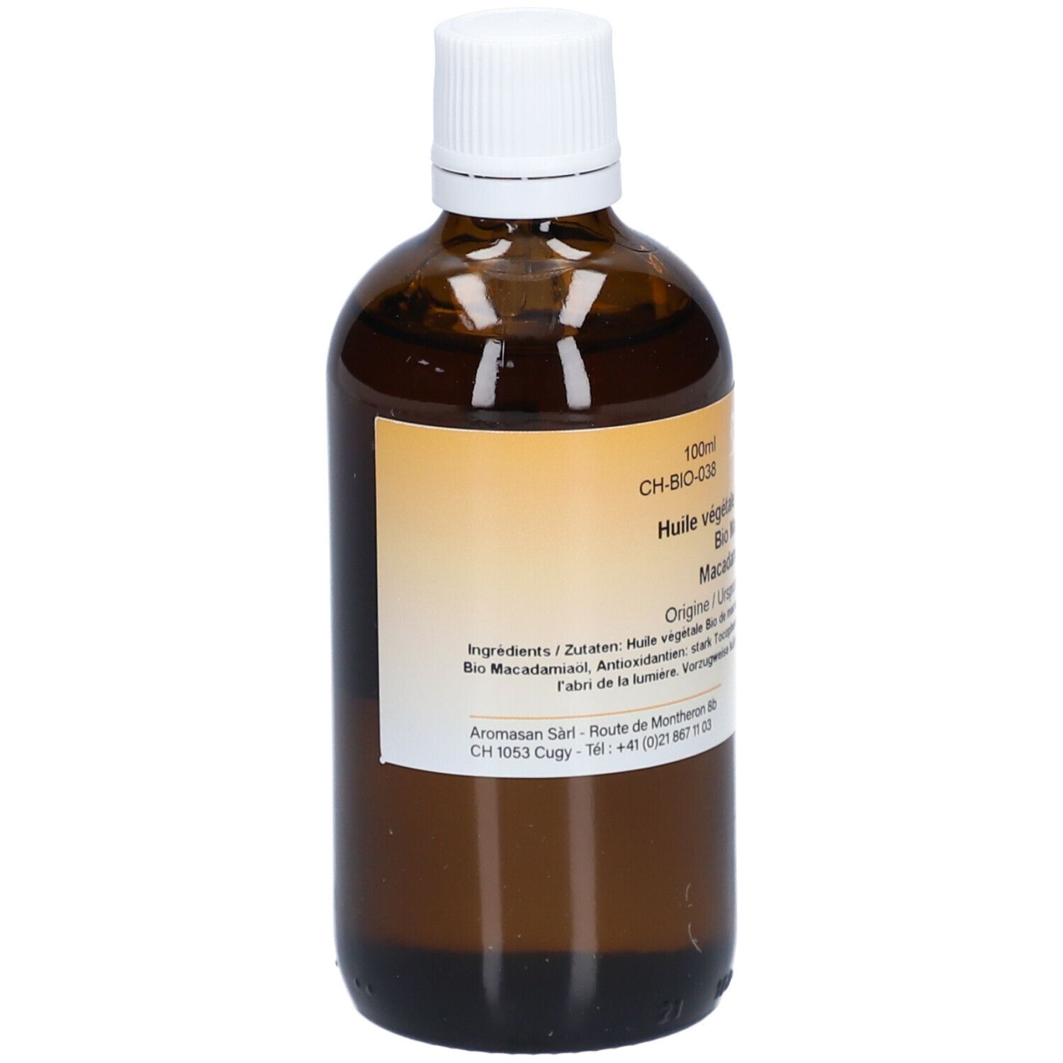 Vue arrière du flacon en verre brun avec bouchon blanc. Étiquette avec informations produit et ingrédients. Marque Aromasan.