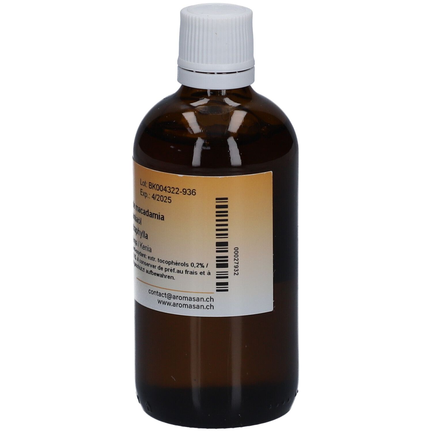 Flacon en verre brun avec bouchon blanc. Étiquette avec informations produit et numéro de lot. Marque Aromasan.