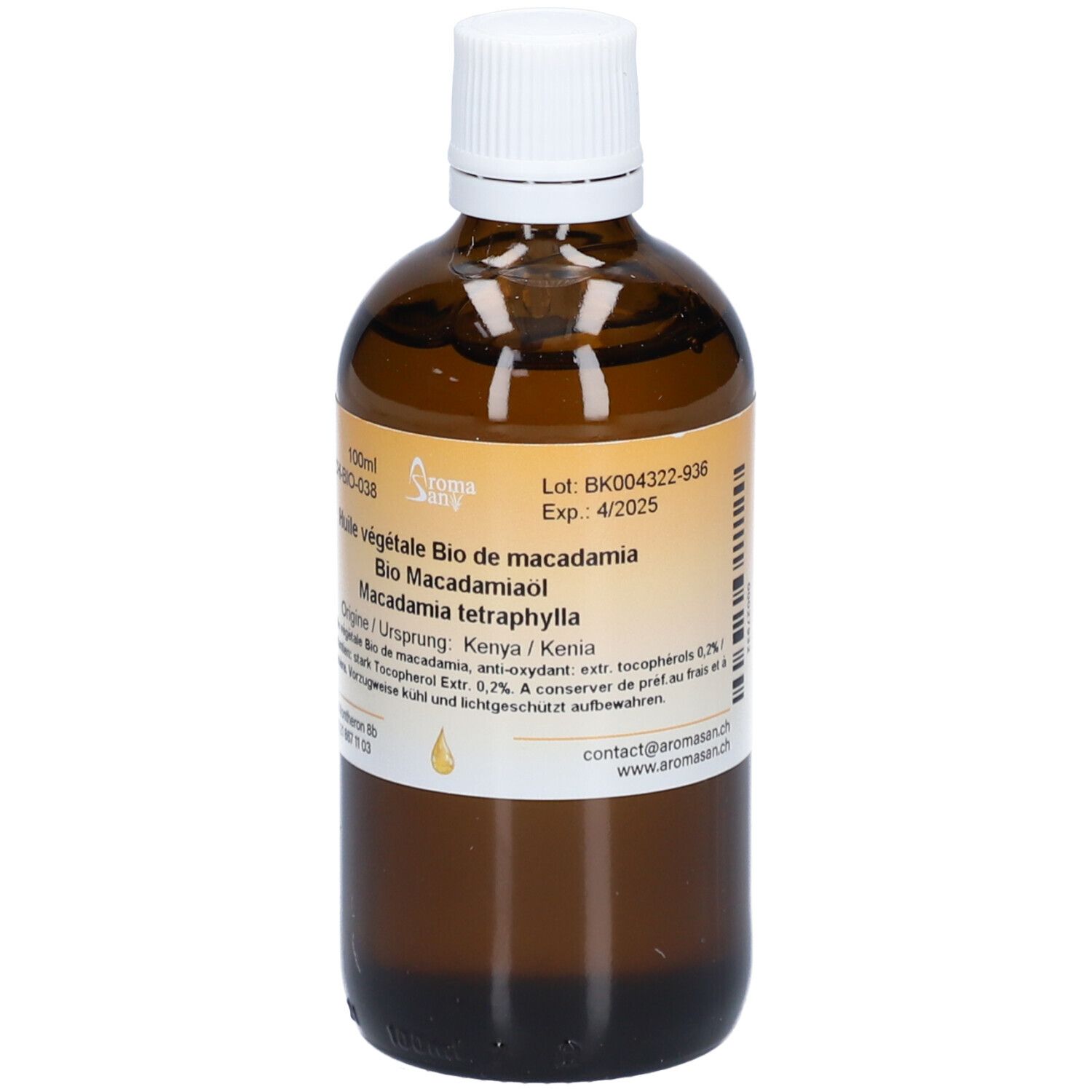 Flacon en verre brun avec bouchon blanc. Étiquette avec informations produit, numéro de lot et date de péremption. Marque Aromasan.