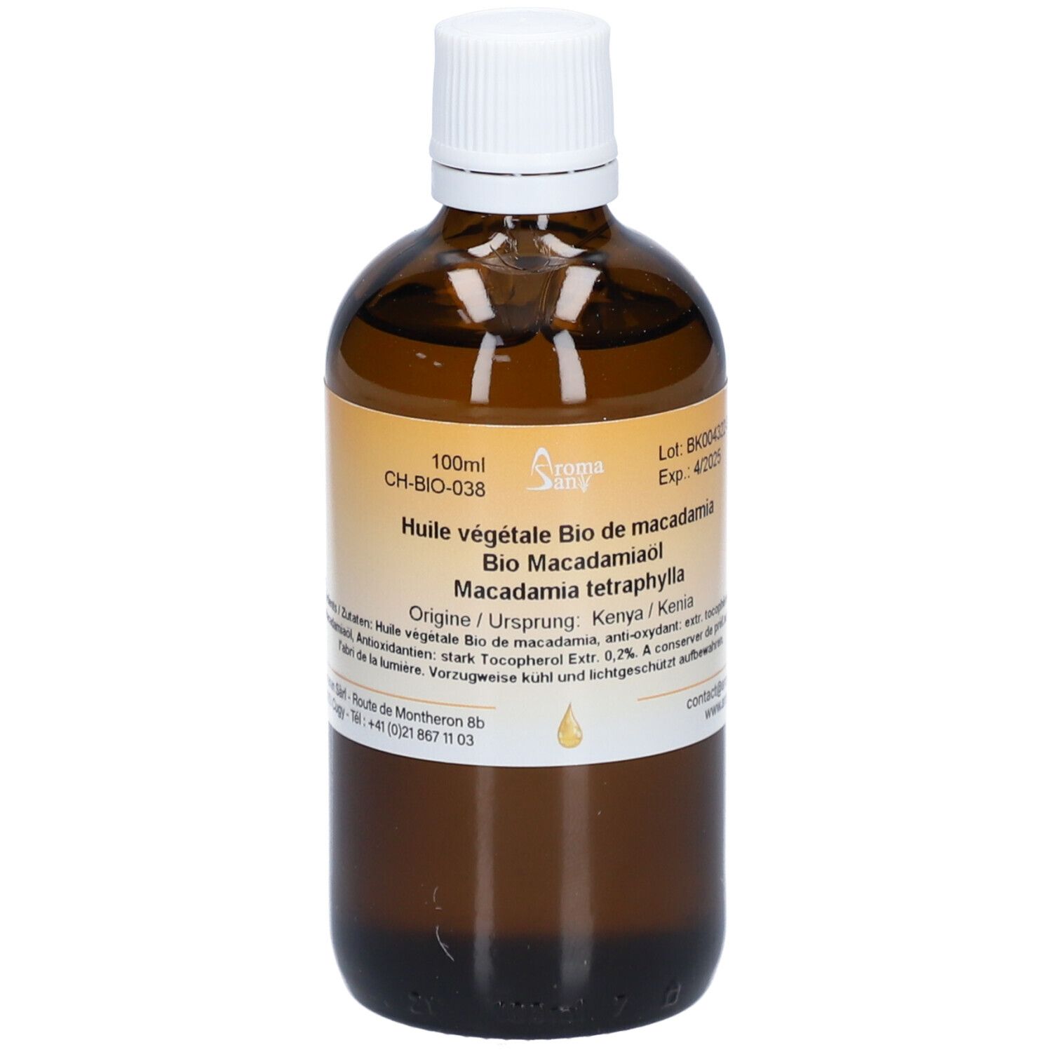 Flacon en verre brun avec bouchon blanc. Étiquette avec informations produit. Marque Aromasan.