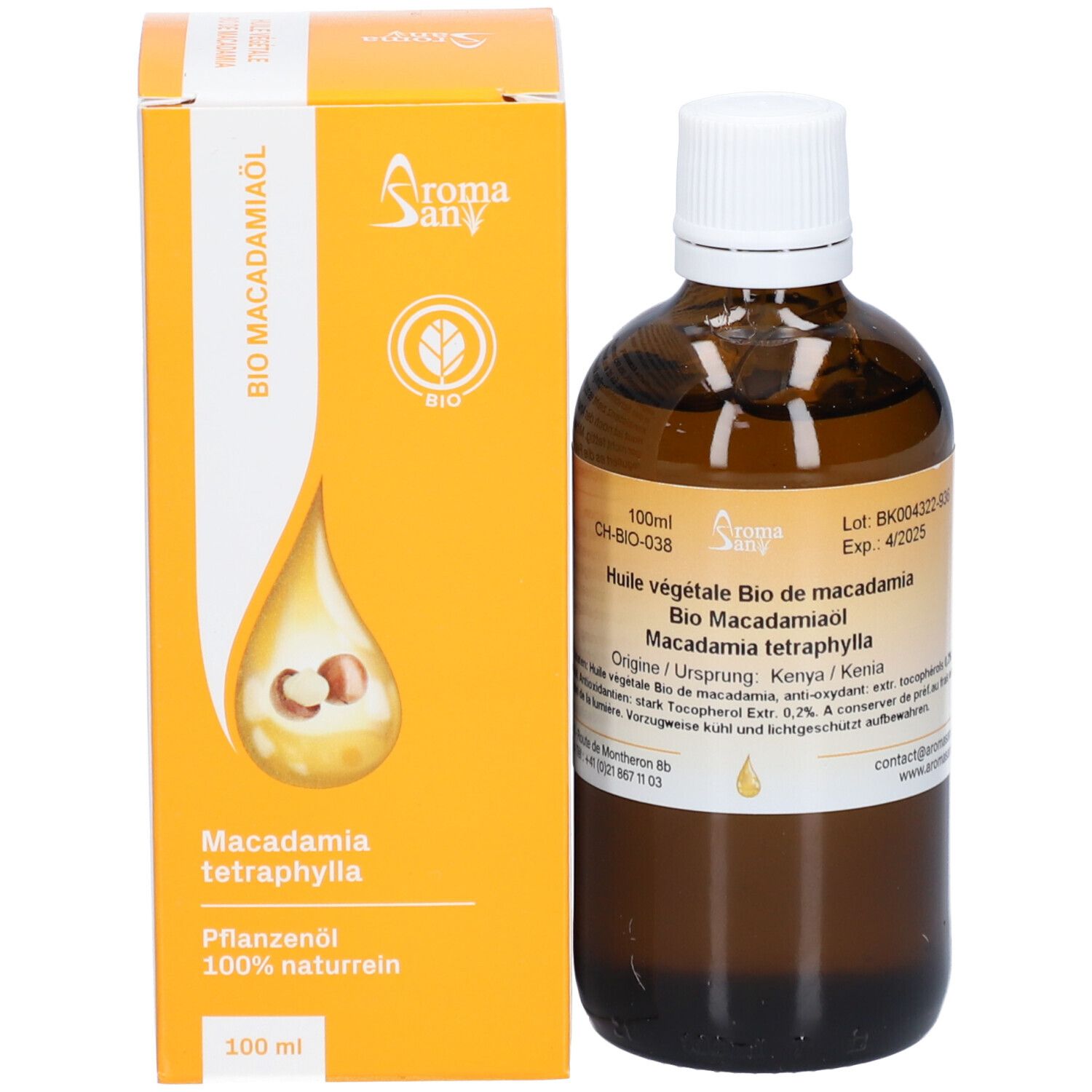 Flacon en verre brun avec bouchon blanc et emballage jaune. Emballage avec image du produit et informations. Marque Aromasan.