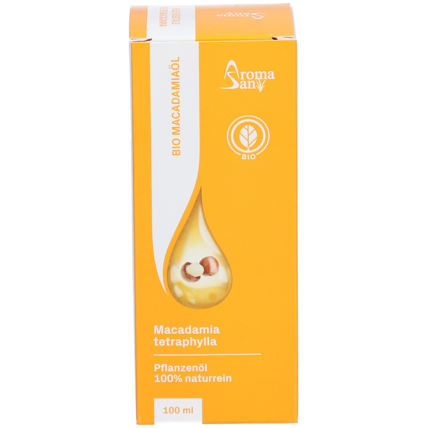 Emballage jaune avec image du produit et informations. Marque Aromasan. Contient de l'huile de macadamia bio.