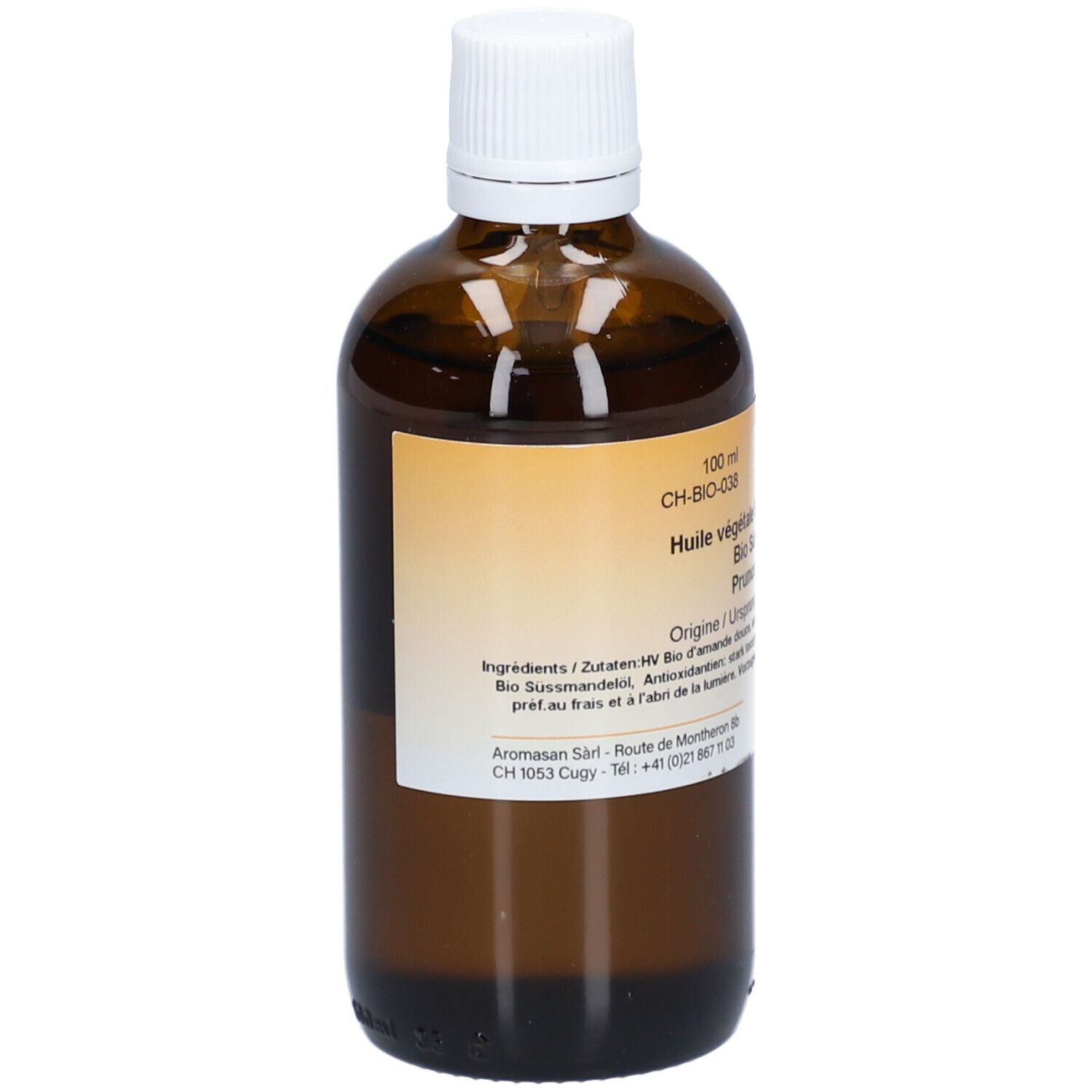 Braune Glasflasche mit weißem Deckel. Etikett mit Produktinformationen. Aromasan Süßmandelöl BIO.