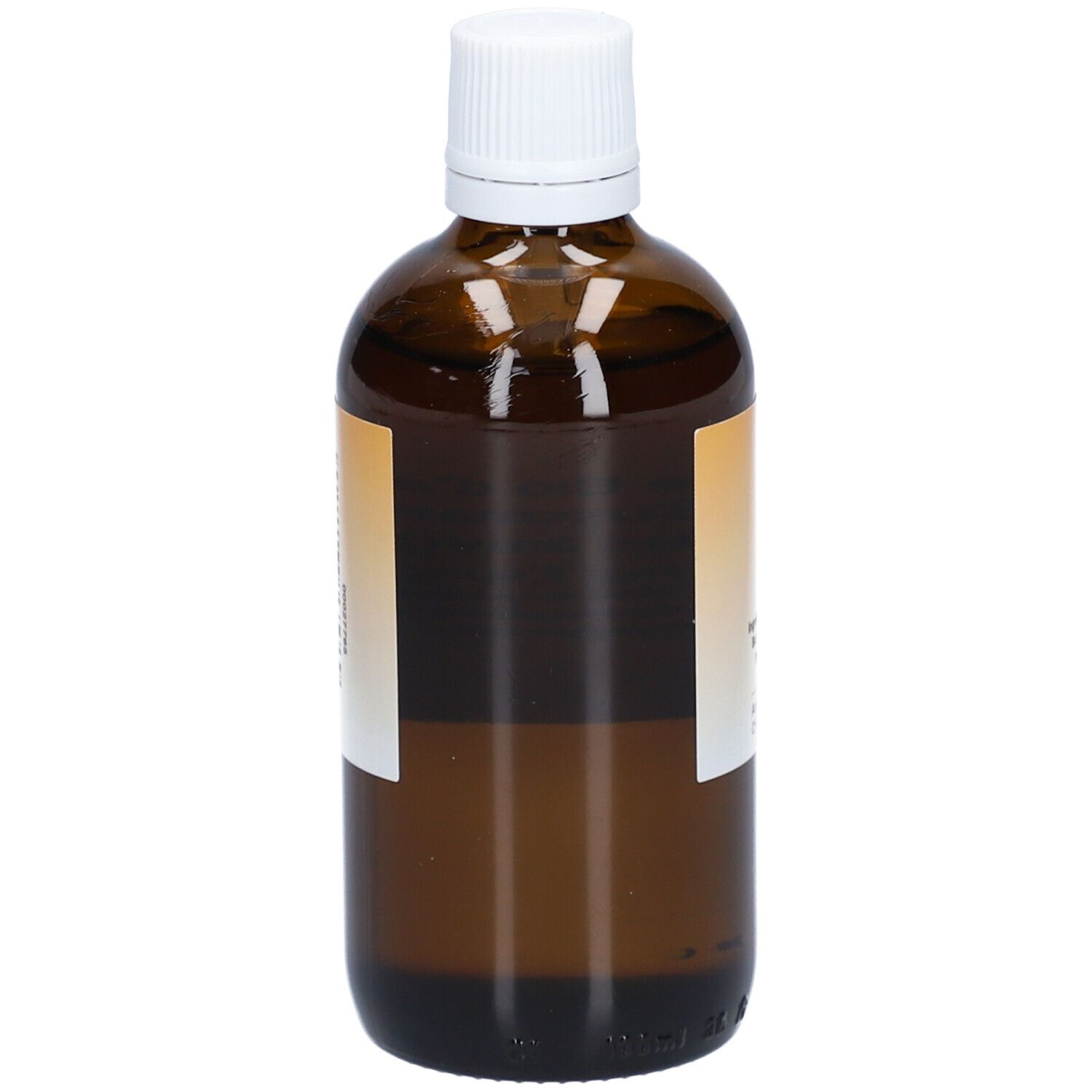 Braune Glasflasche mit weißem Deckel. Etikett mit Produktinformationen. Aromasan Süßmandelöl BIO.