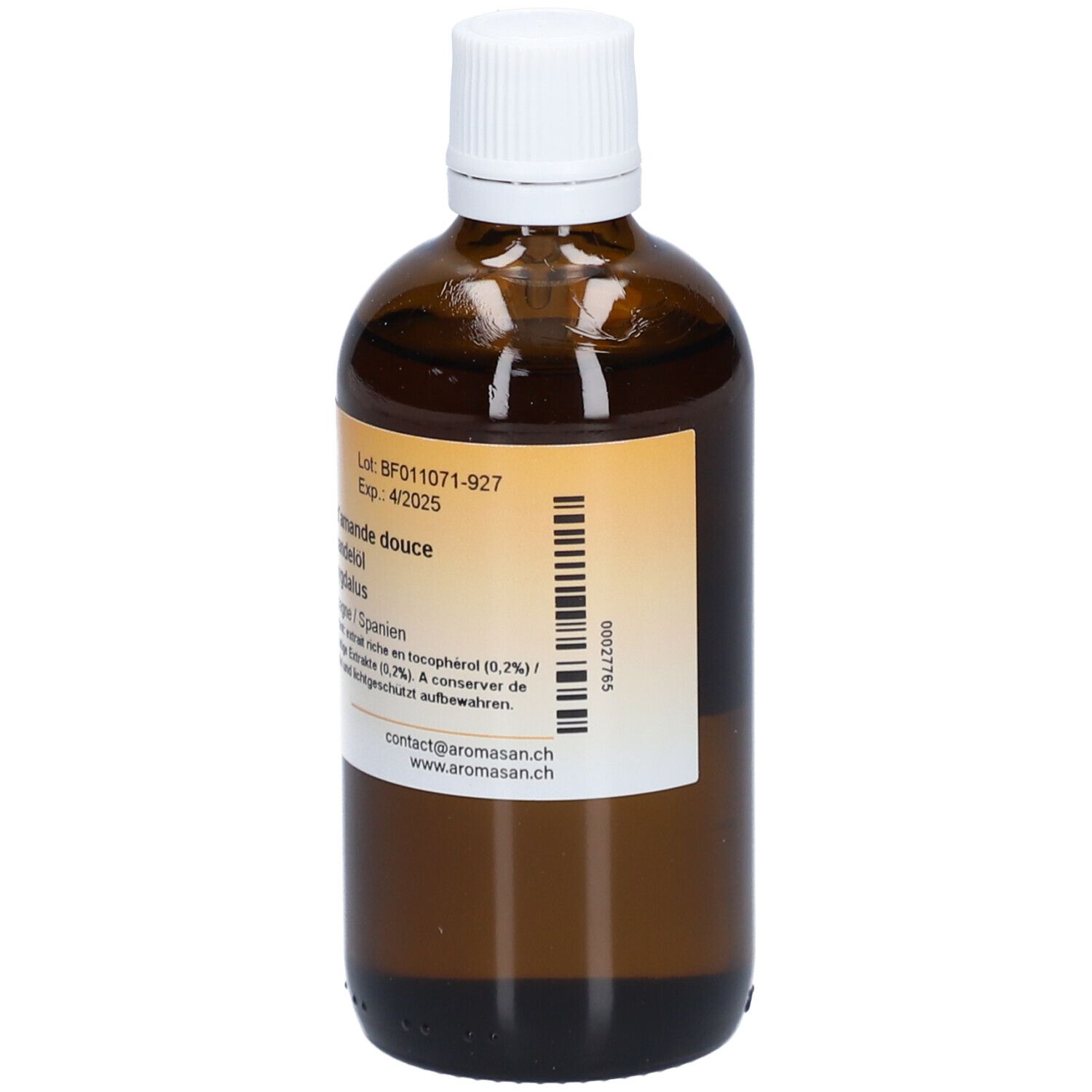 Braune Glasflasche mit weißem Deckel. Etikett mit Produktinformationen und Barcode. Aromasan Süßmandelöl BIO.
