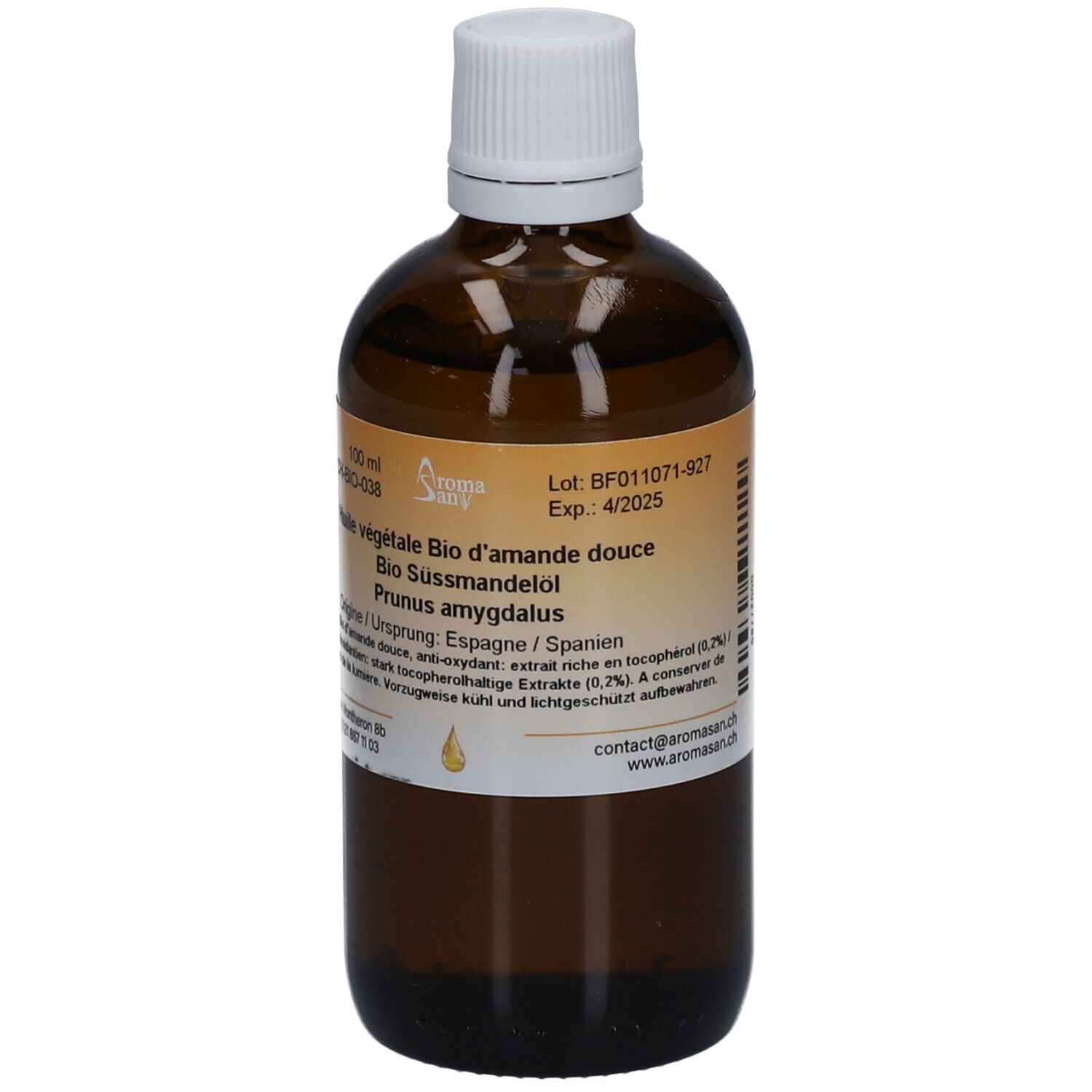 Braune Glasflasche mit weißem Deckel. Etikett mit Produktinformationen. Aromasan Süßmandelöl BIO.