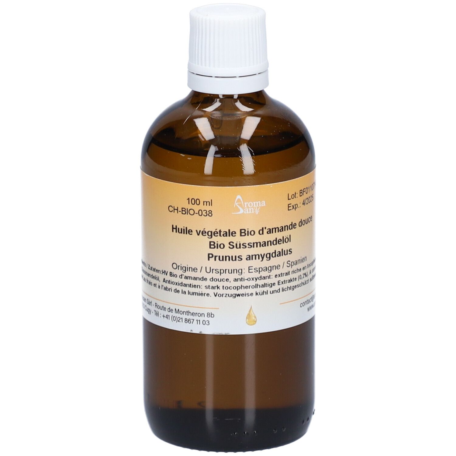 Braune Glasflasche mit weißem Deckel. Etikett mit Produktinformationen. Aromasan Süßmandelöl BIO.