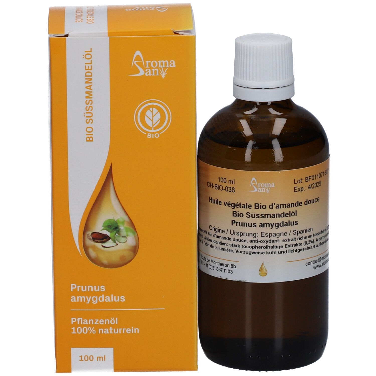 Braune Glasflasche mit weißem Deckel und Karton. Karton mit Tropfensymbol und Produktinformationen. Aromasan Süßmandelöl BIO.