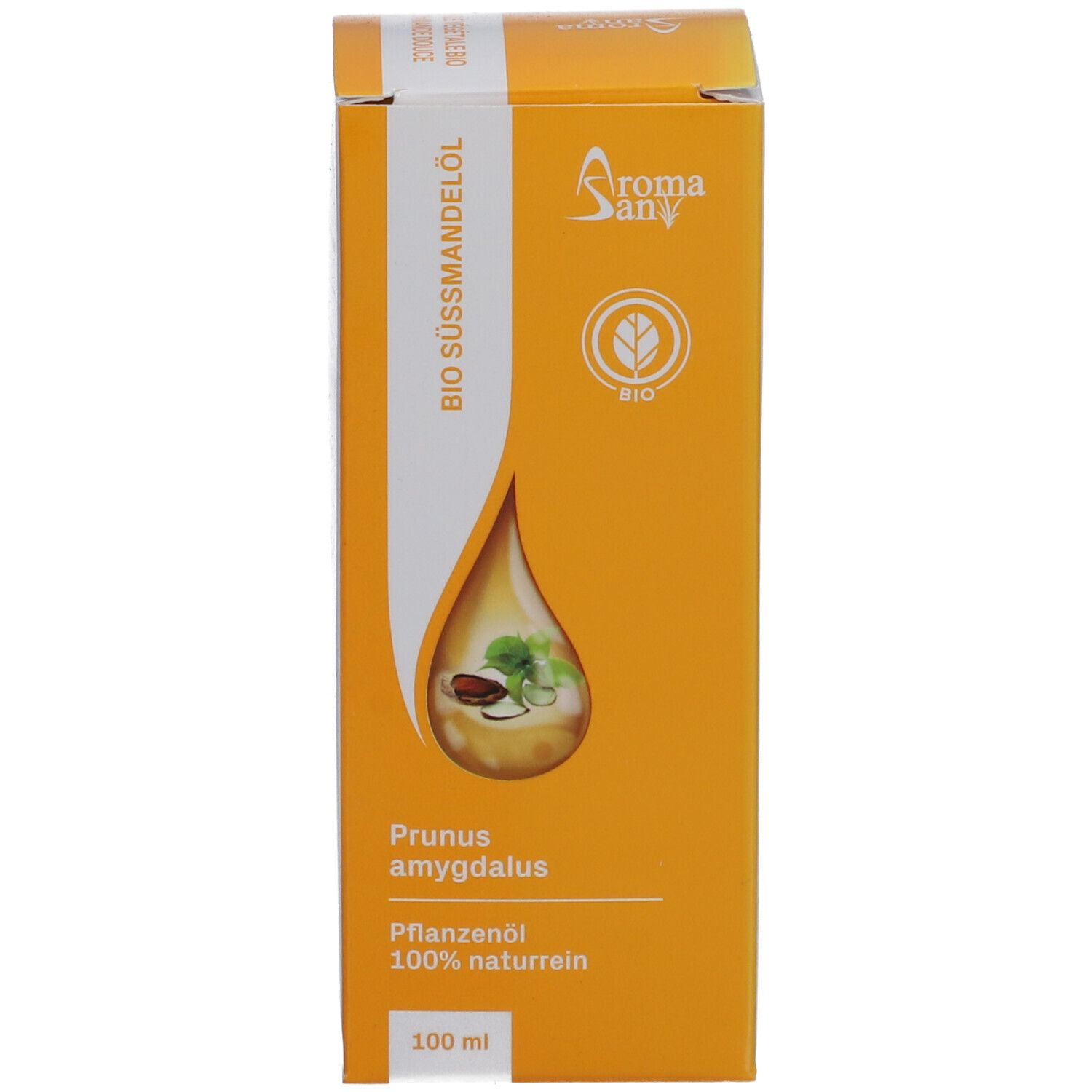 Karton mit Tropfensymbol und Produktinformationen. Aromasan Süßmandelöl BIO. Pflanzenöl 100% naturrein.