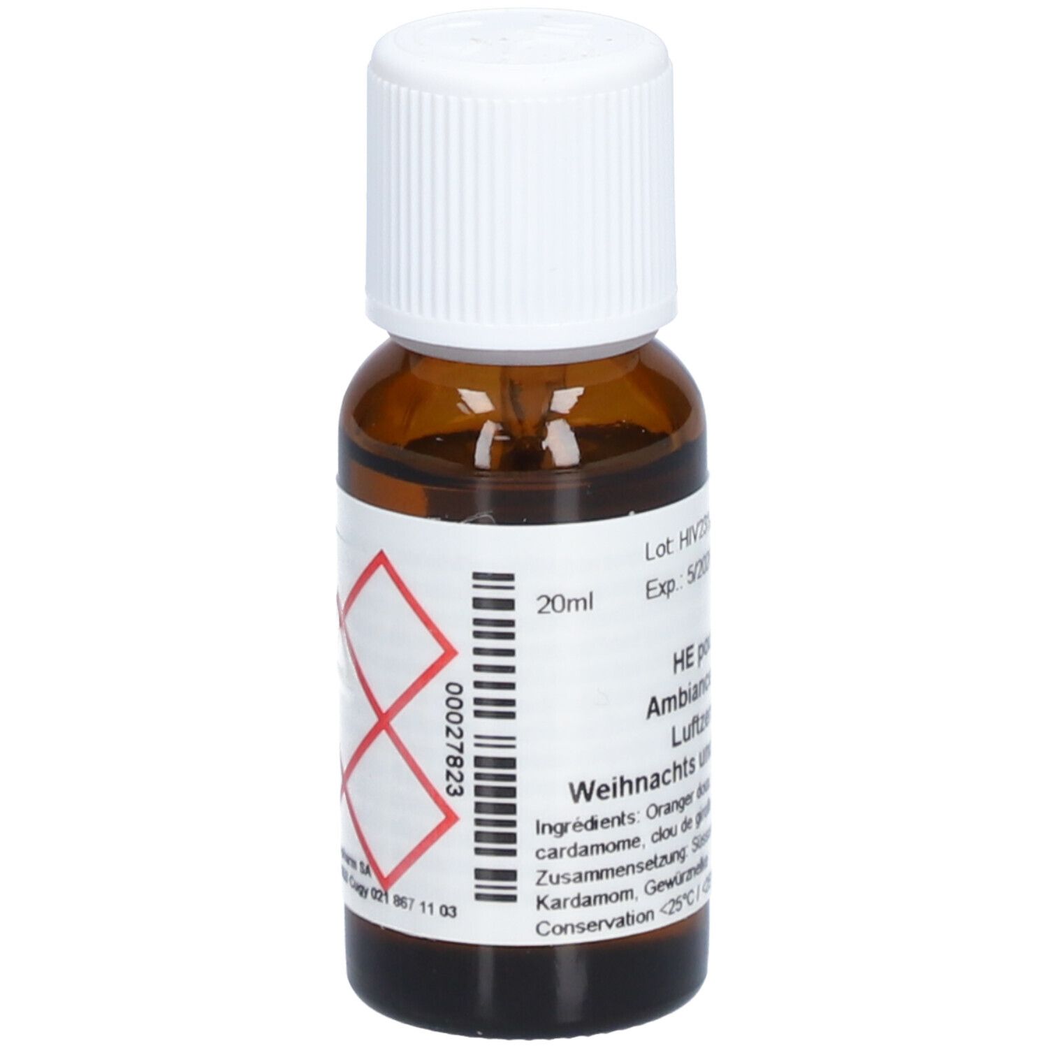 Flacon en verre brun avec bouchon blanc. Étiquette avec texte et symboles de danger. Volume: 20ml. Marque: Aromasan.