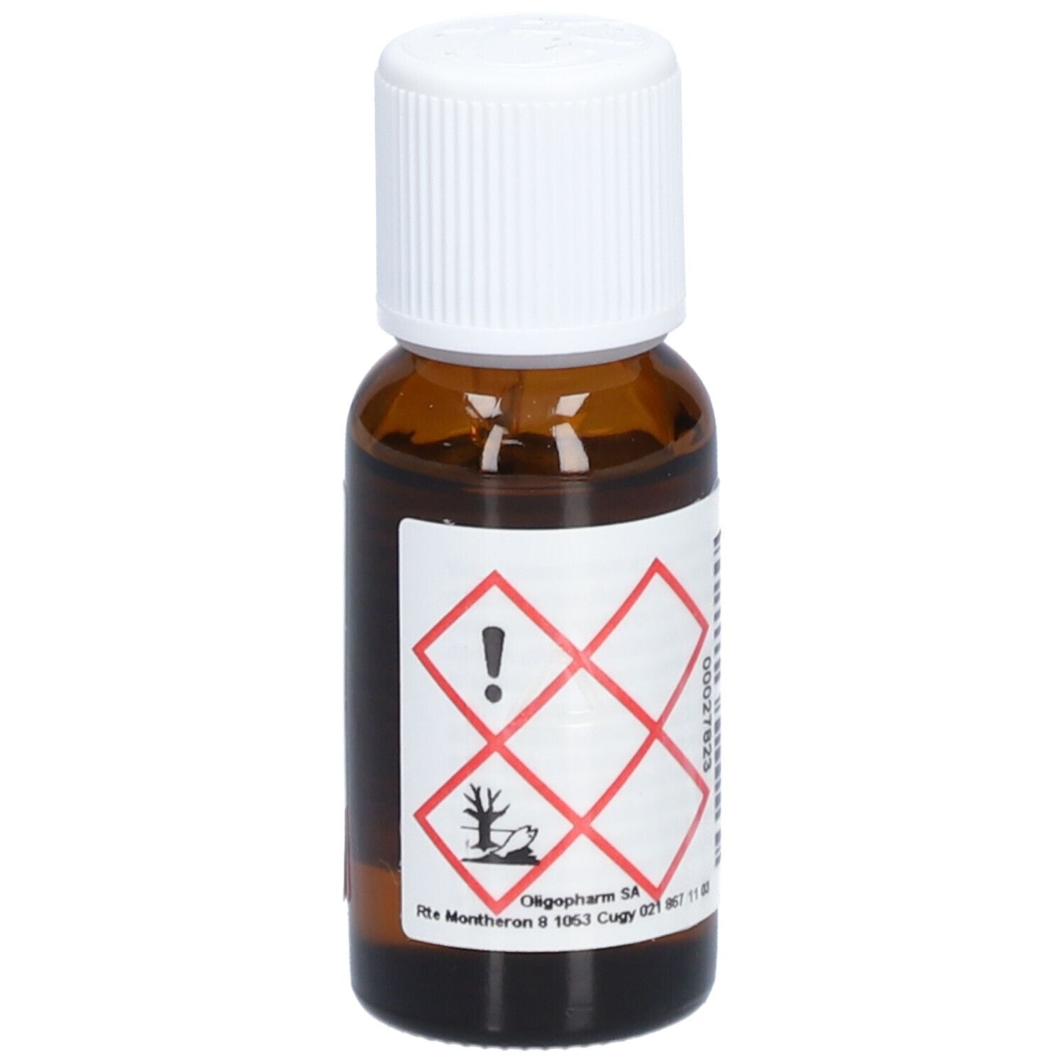 Flacon en verre brun avec bouchon blanc. Étiquette avec symboles de danger. Marque: Oligopharm SA.
