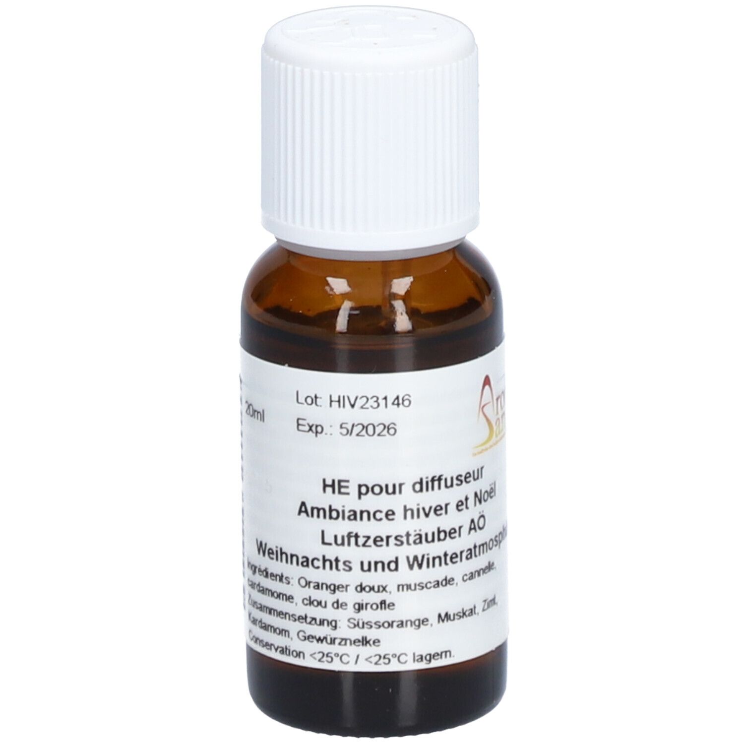 Flacon en verre brun avec bouchon blanc. Étiquette avec texte: HE pour diffuseur, ambiance hiver et Noël. Marque: Aromasan. Volume: 20ml.