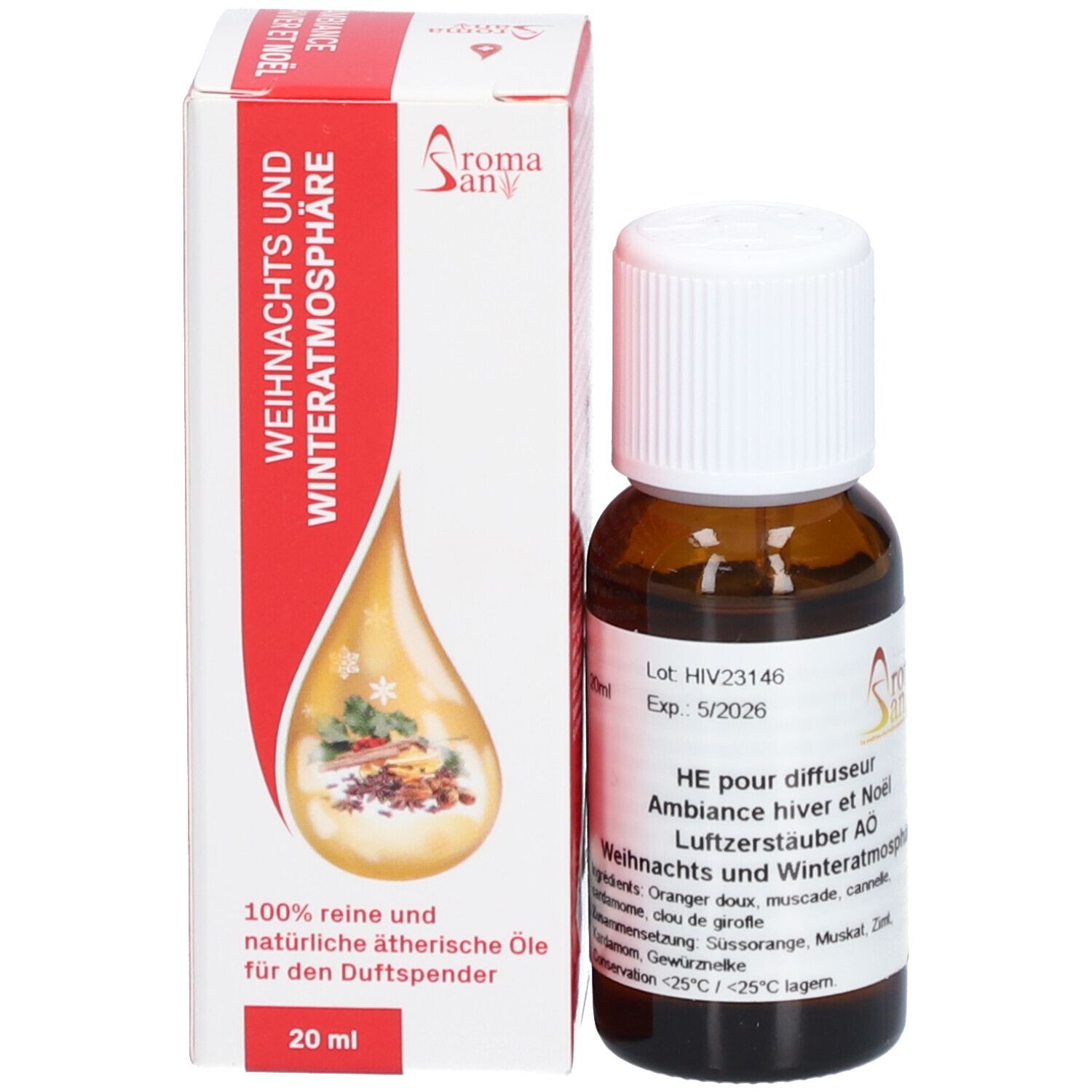 Emballage du produit avec flacon. Impression: ambiance hiver et Noël, 20ml. Marque: Aromasan.