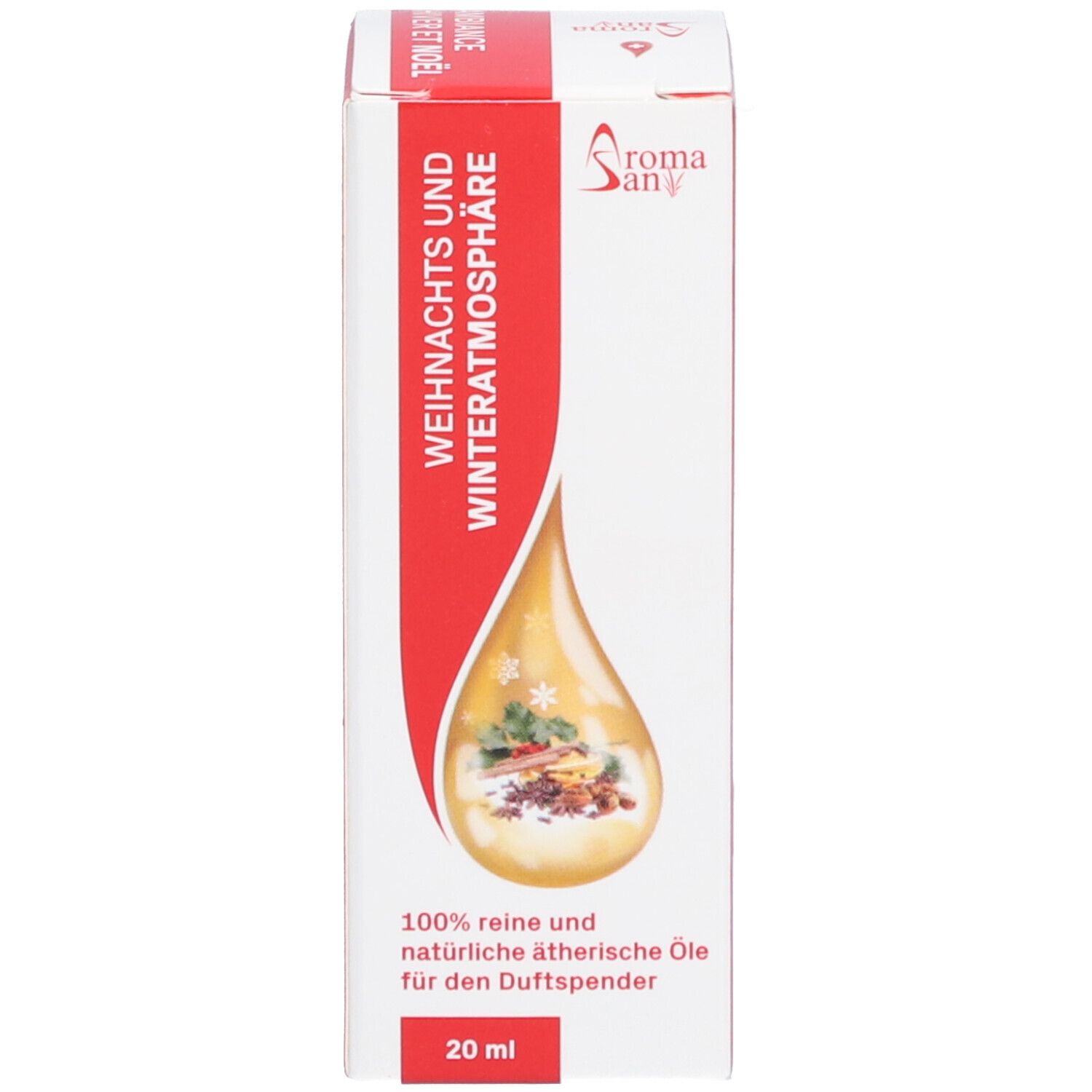 Emballage du produit avec flacon. Impression: ambiance hiver et Noël, 20ml. Marque: Aromasan.