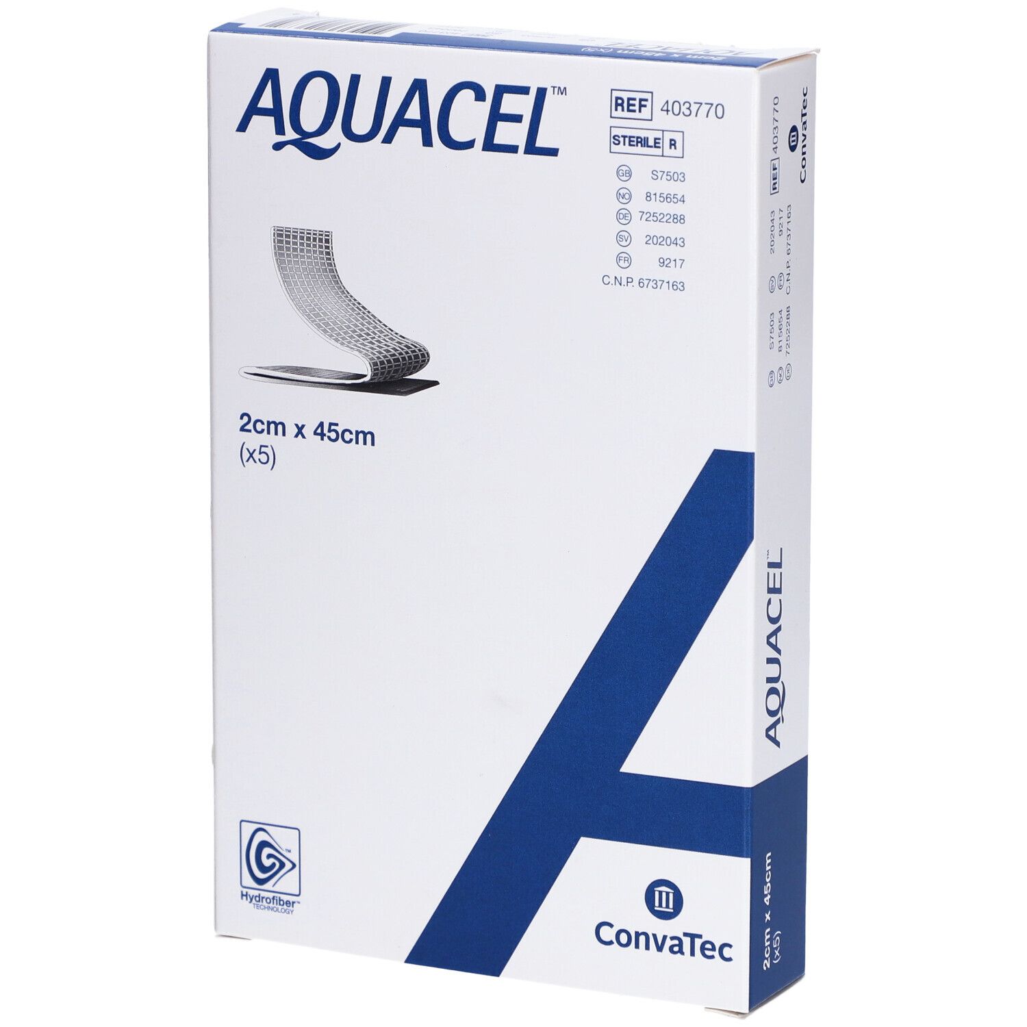 AQUACEL-Verpackung. Weißer Karton mit blauer Grafik. Produktname und Maße 2cm x 45cm (x5) sind sichtbar.