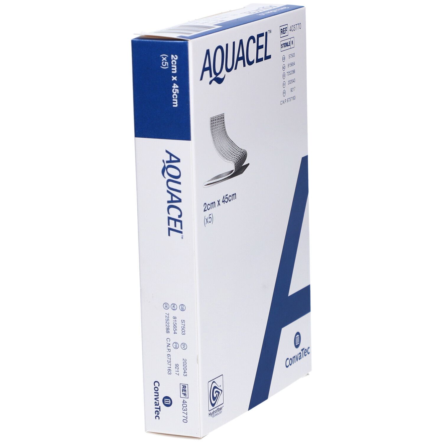 AQUACEL-Verpackung, schräg. Weißer Karton mit blauer Grafik. Produktname und Maße 2cm x 45cm (x5) sichtbar.