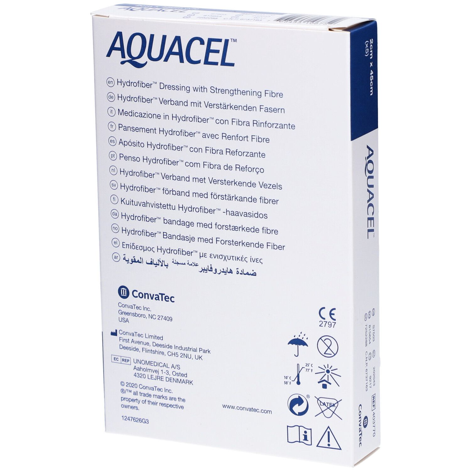 Rückseite der AQUACEL-Verpackung. Text in mehreren Sprachen. Convatec-Logo und CE-Kennzeichnung.