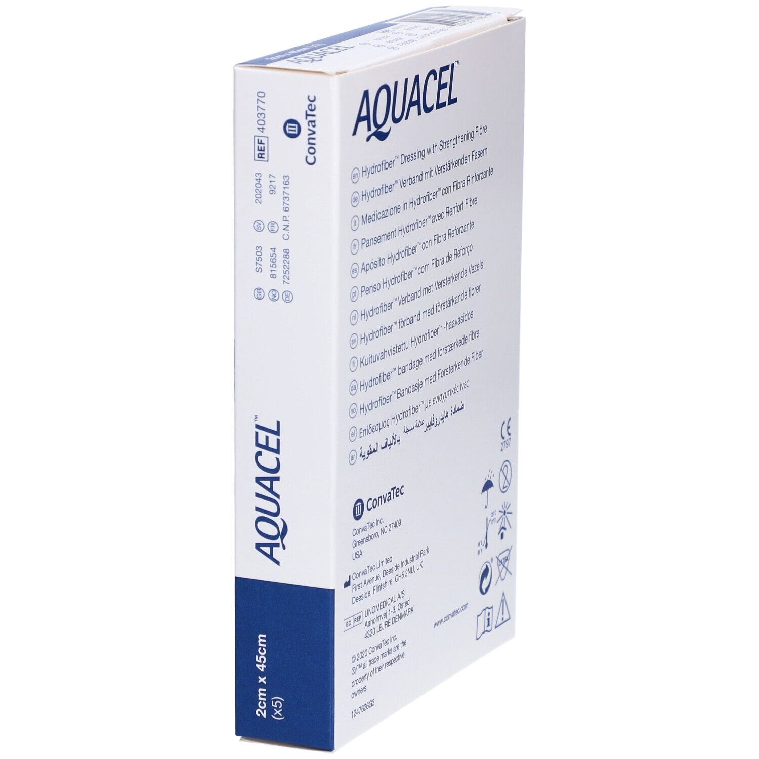 AQUACEL-Verpackung, schräg. Rückseite mit Text und Logos. Convatec-Logo und CE-Kennzeichnung.