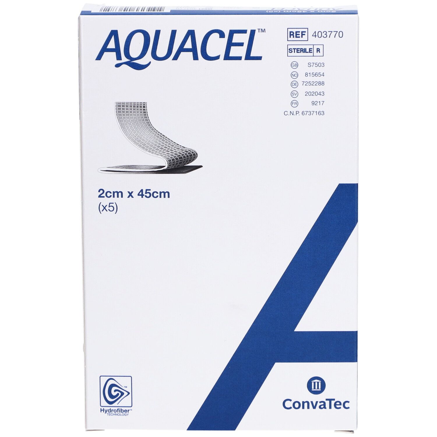 AQUACEL-Verpackung. Weißer Karton mit blauer Grafik. Produktname und Maße 2cm x 45cm (x5) sind sichtbar.