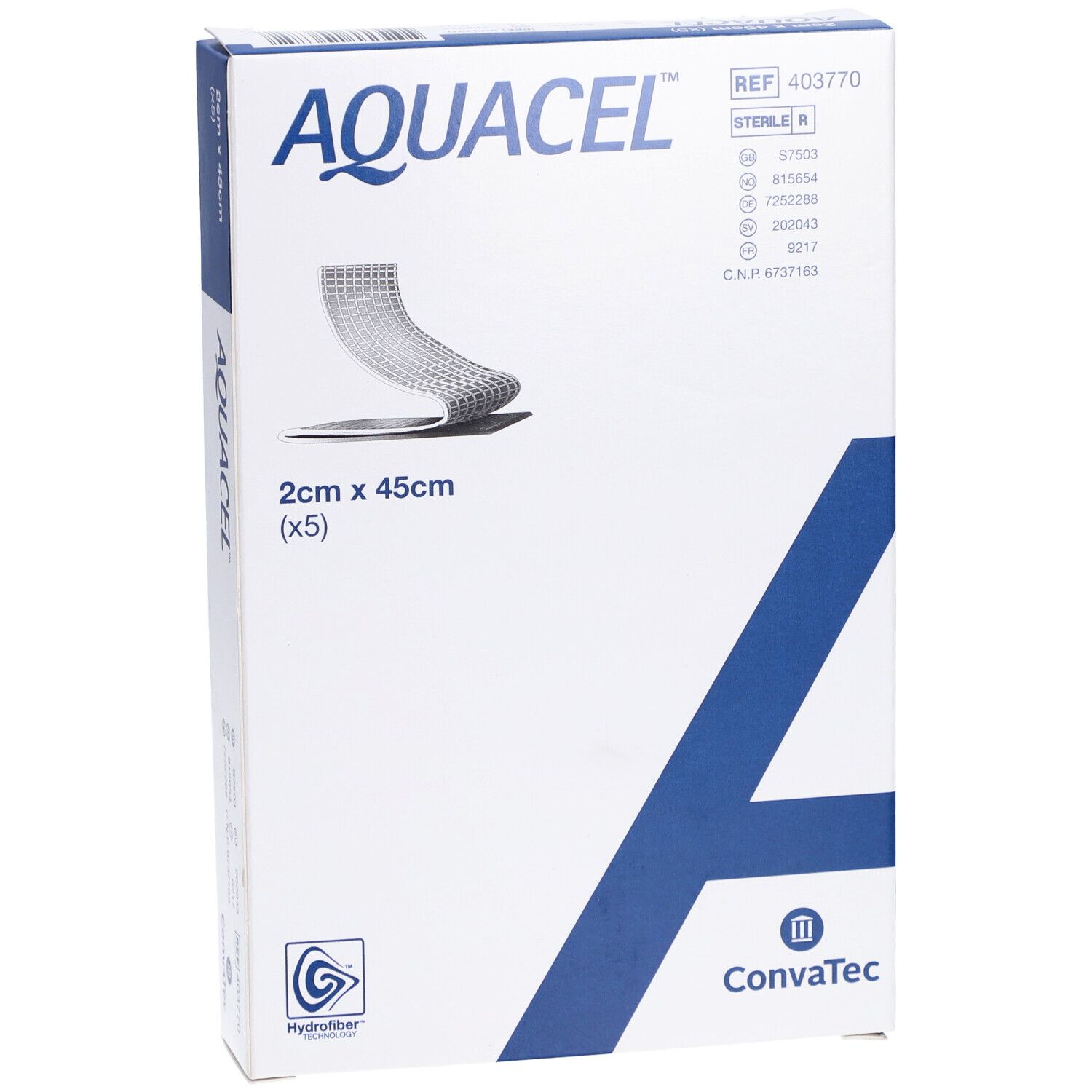 AQUACEL-Verpackung. Weißer Karton mit blauer Grafik. Produktname und Maße 2cm x 45cm (x5) sind sichtbar.
