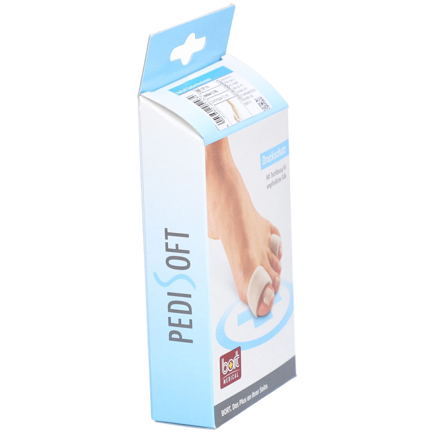 PediSoft Druckschutz Verpackung, seitliche Ansicht. Logo und Produktname deutlich sichtbar.
