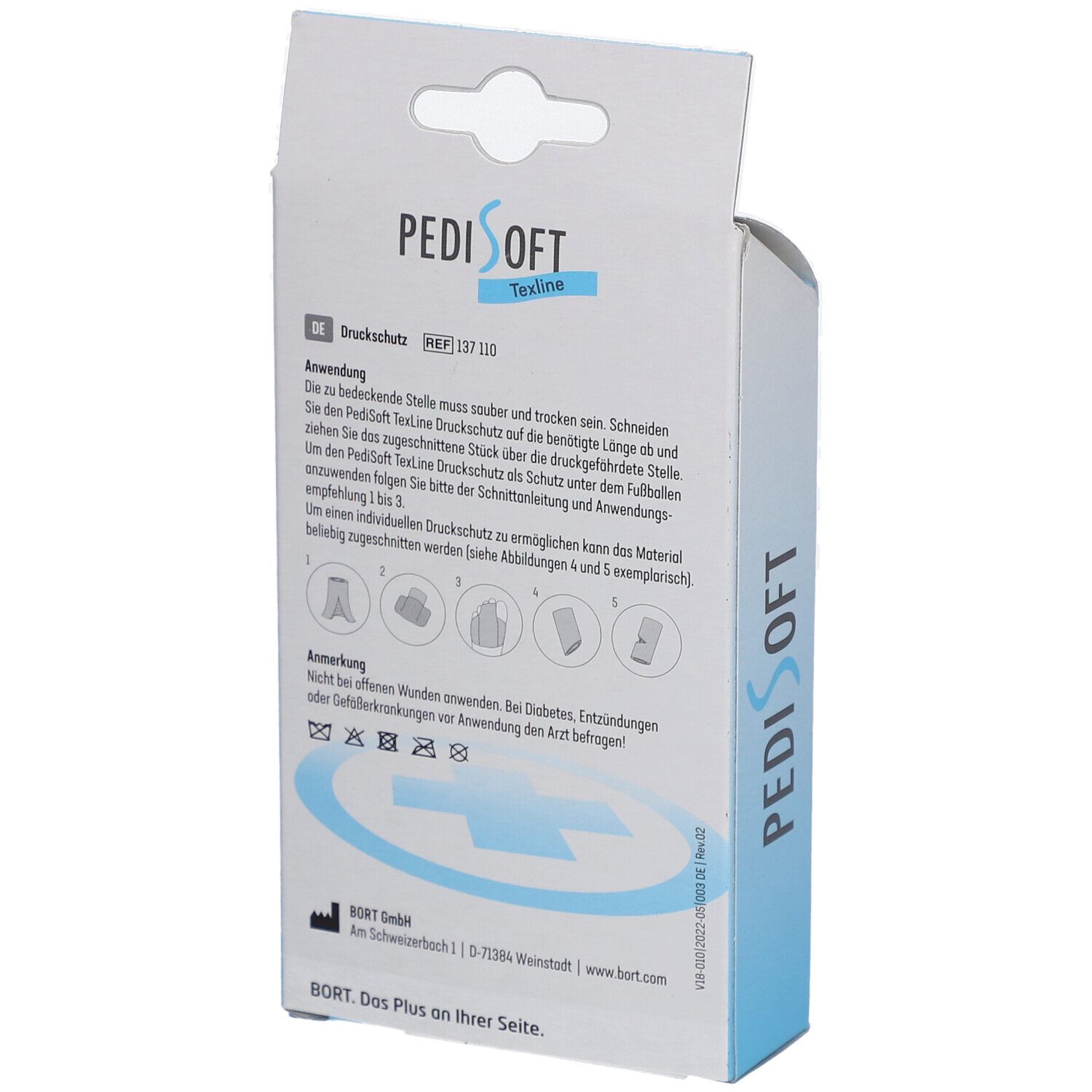 Rückseite der PediSoft Druckschutz Verpackung. Textliche Informationen und Piktogramme.