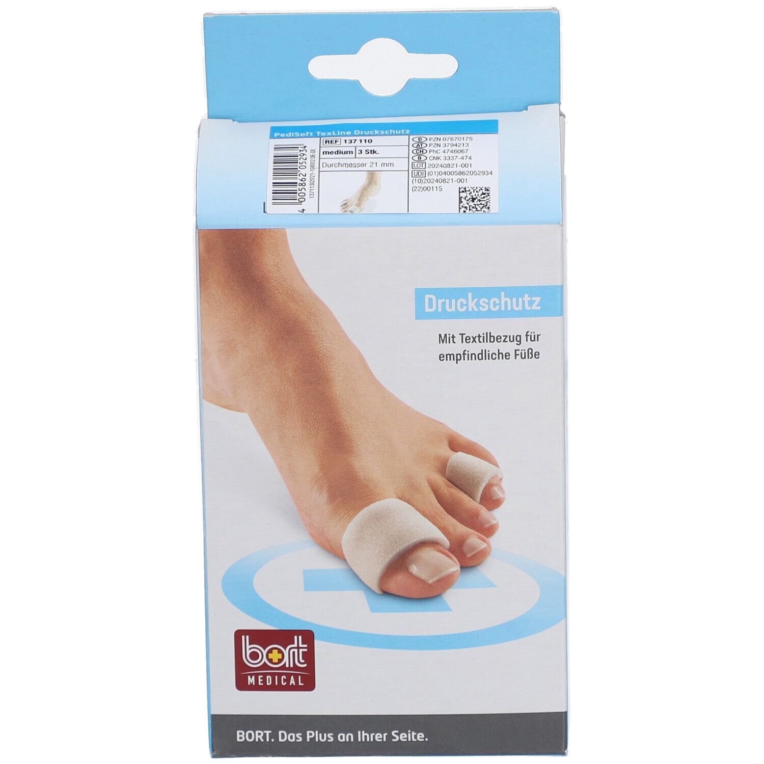 PediSoft Druckschutz Verpackung. Produkt auf einem Fuß abgebildet. Logo Bort Medical.