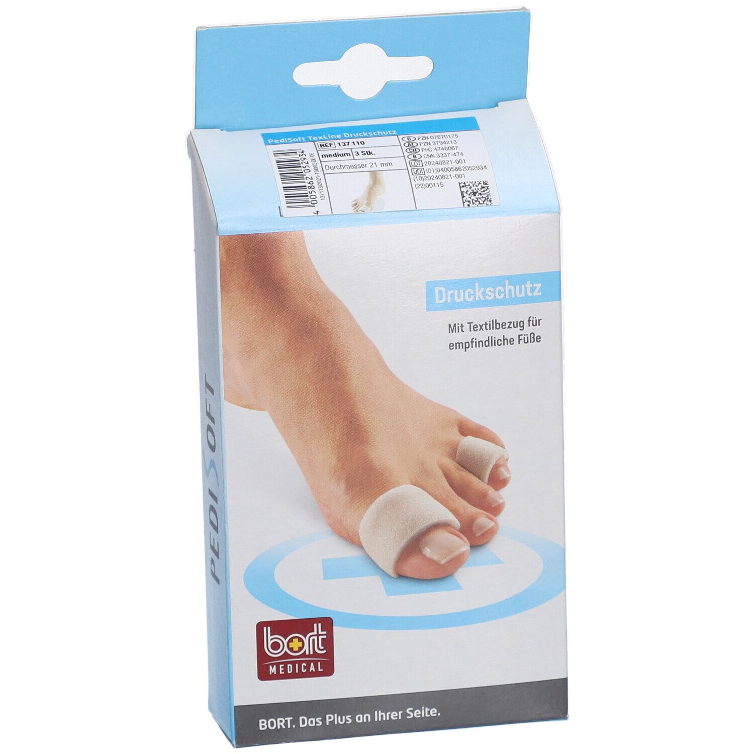 PediSoft Druckschutz Verpackung. Produkt auf einem Fuß abgebildet. Logo Bort Medical.