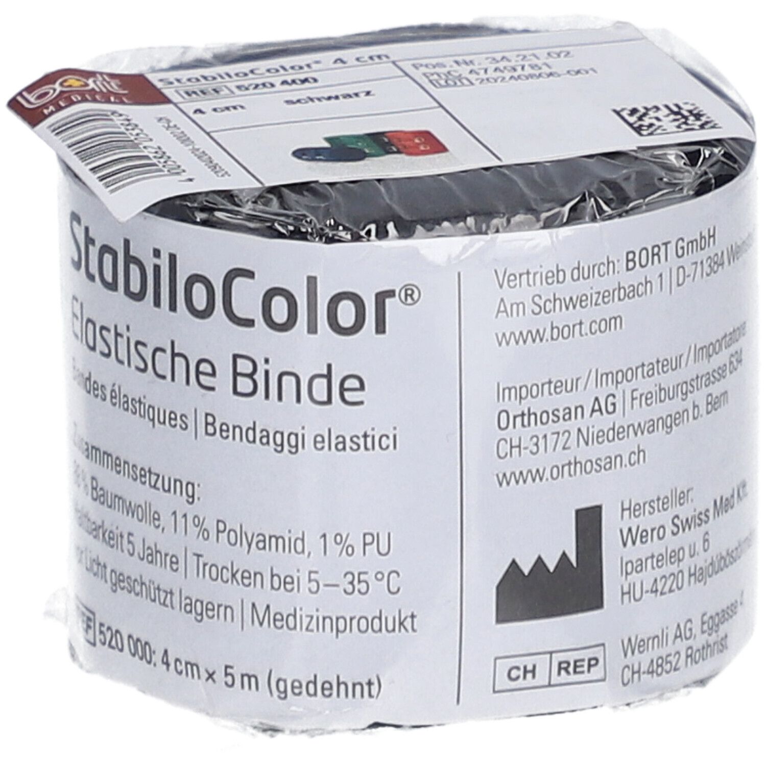 Elastische Binde, 4 cm breit, schwarz. Verpackt in Folie. Beschriftung: StabiloColor, BORT MEDICAL.